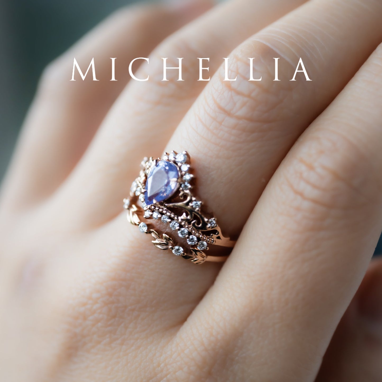 [Reina] Opalescent Lavender Sapphire Woodland Fairy Engagement Ring Set, 14K Rose Gold, One-of-a-Kind & Ready-to-Ship