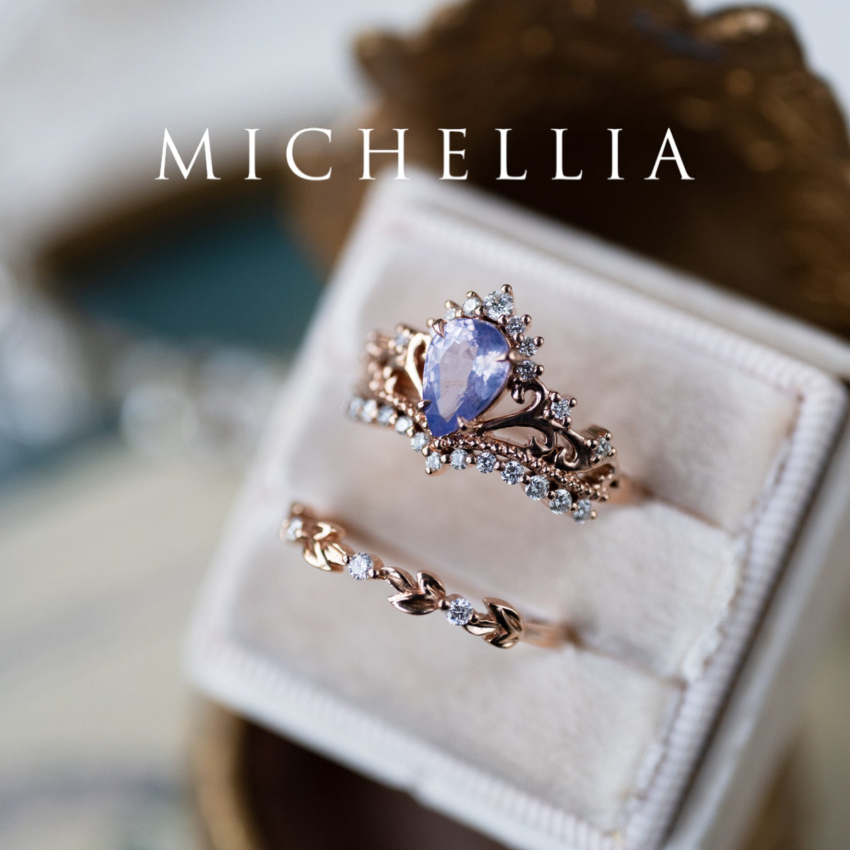 [Reina] Opalescent Lavender Sapphire Woodland Fairy Engagement Ring Set, 14K Rose Gold, One-of-a-Kind & Ready-to-Ship