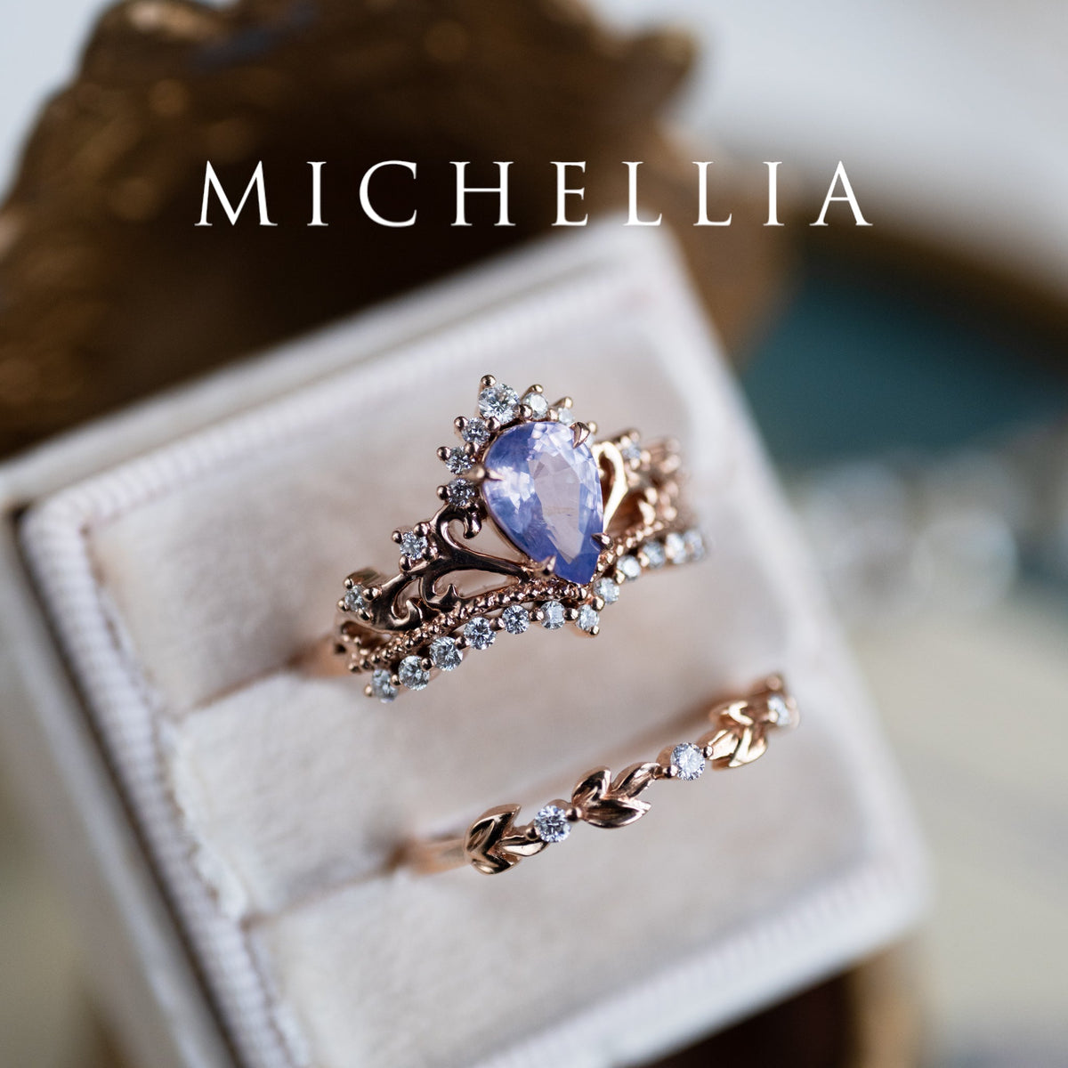 [Reina] Opalescent Lavender Sapphire Woodland Fairy Engagement Ring Set, 14K Rose Gold, One-of-a-Kind & Ready-to-Ship