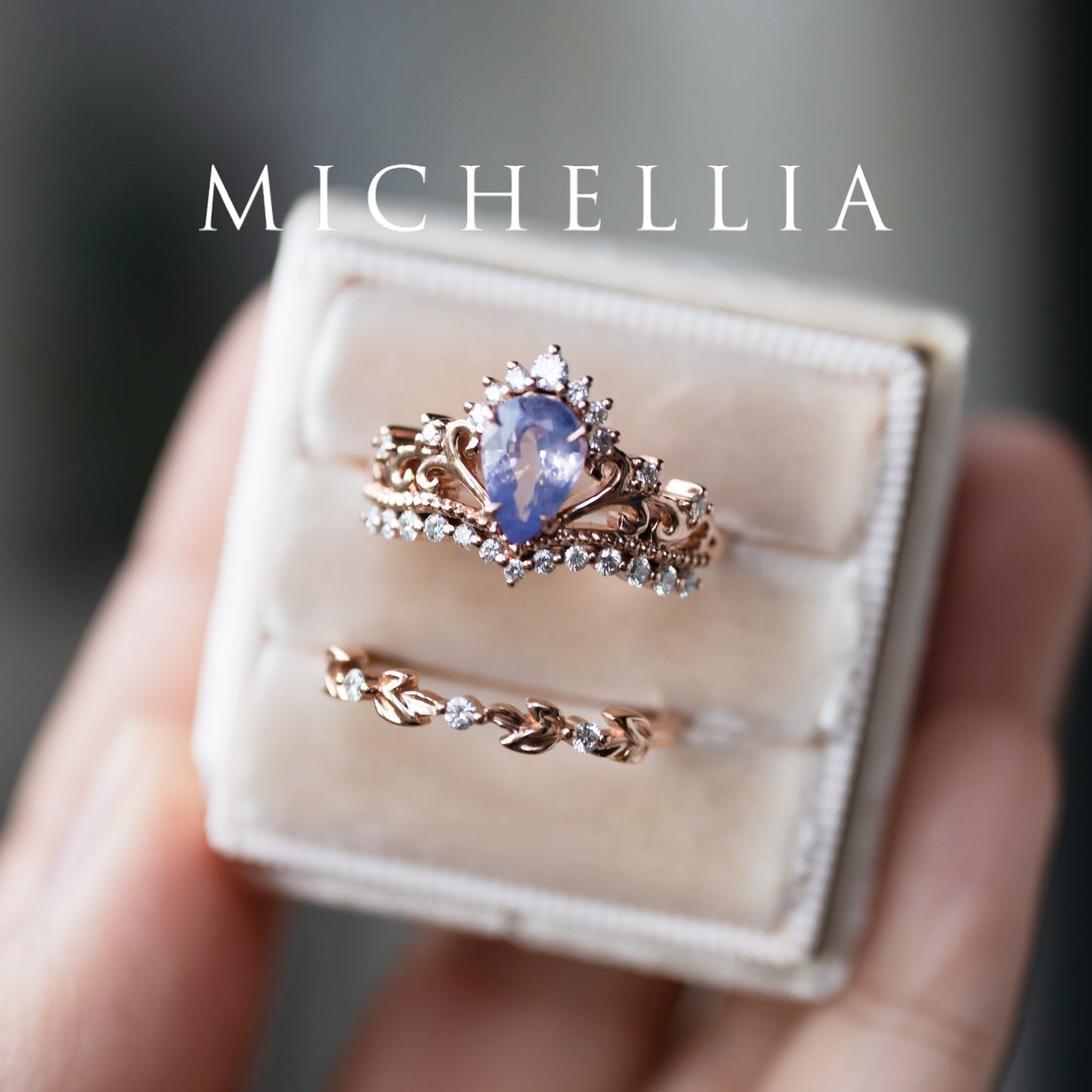 [Reina] Opalescent Lavender Sapphire Woodland Fairy Engagement Ring Set, 14K Rose Gold, One-of-a-Kind & Ready-to-Ship