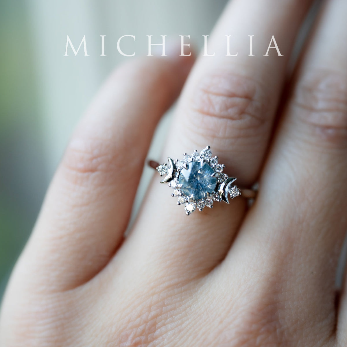 [Selene] Natural Icy Blue Sapphire Moon Goddess Engagement Ring in Platinum, One of A Kind & Ready-to-Ship