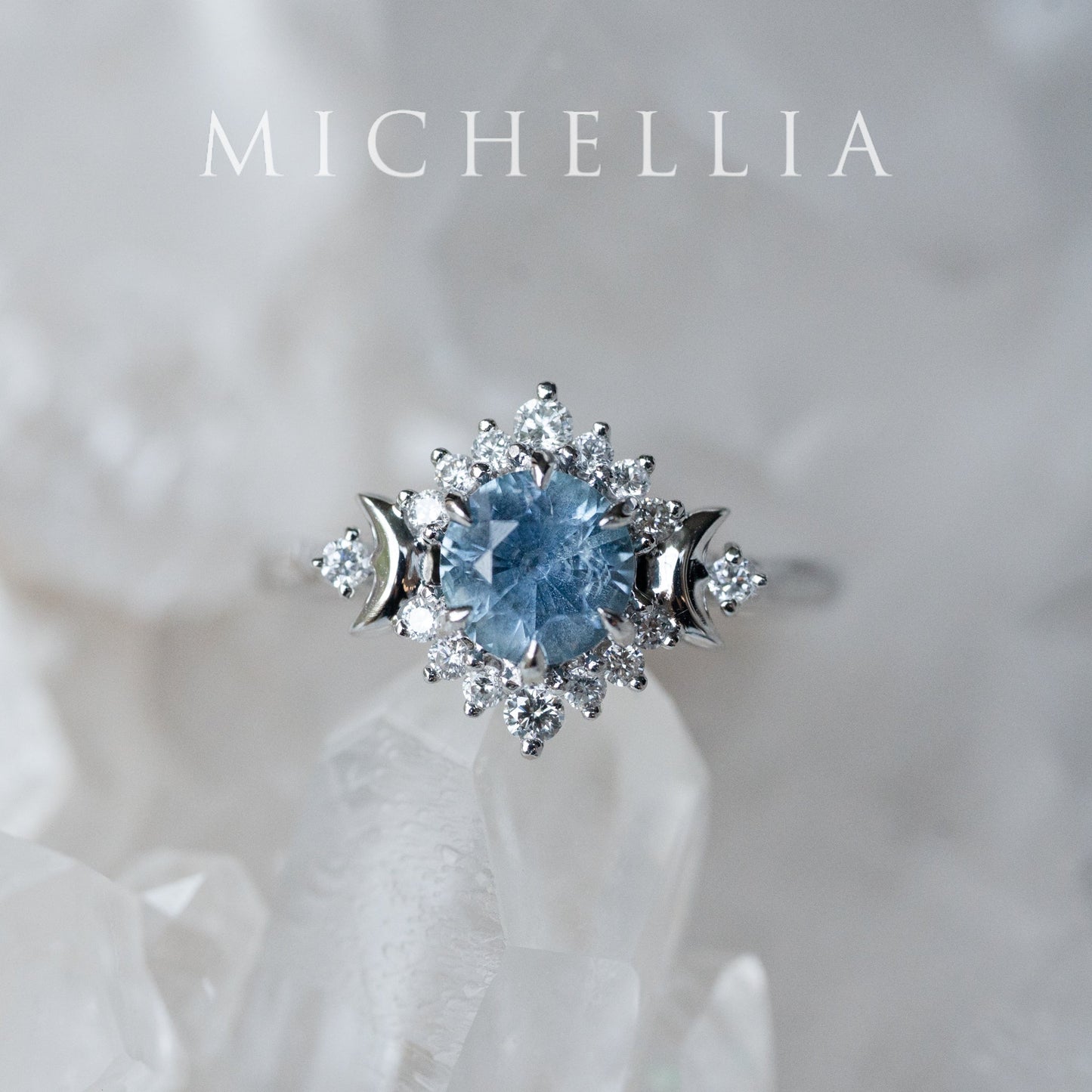 [Selene] Natural Icy Blue Sapphire Moon Goddess Engagement Ring in Platinum, One of A Kind & Ready-to-Ship