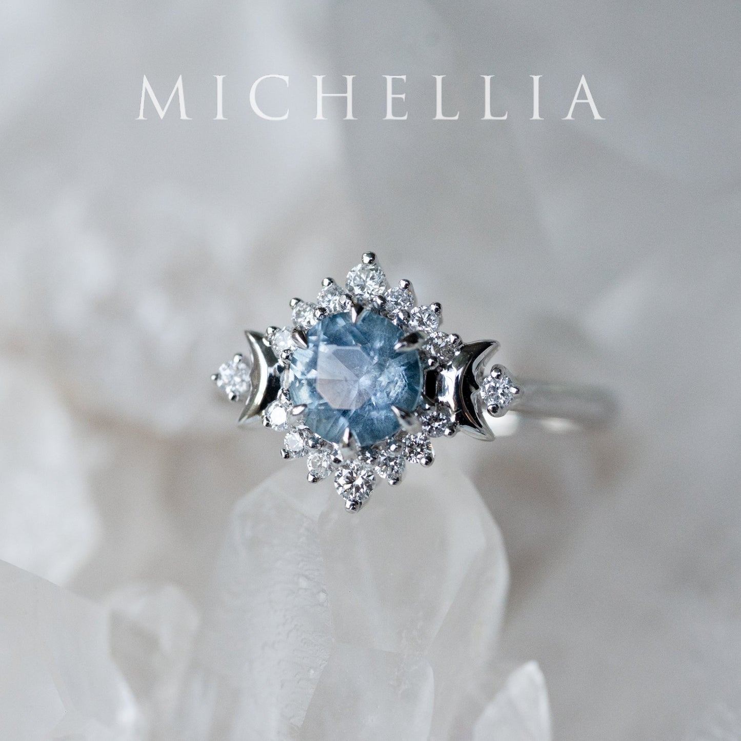 [Selene] Natural Icy Blue Sapphire Moon Goddess Engagement Ring in Platinum, One of A Kind & Ready-to-Ship