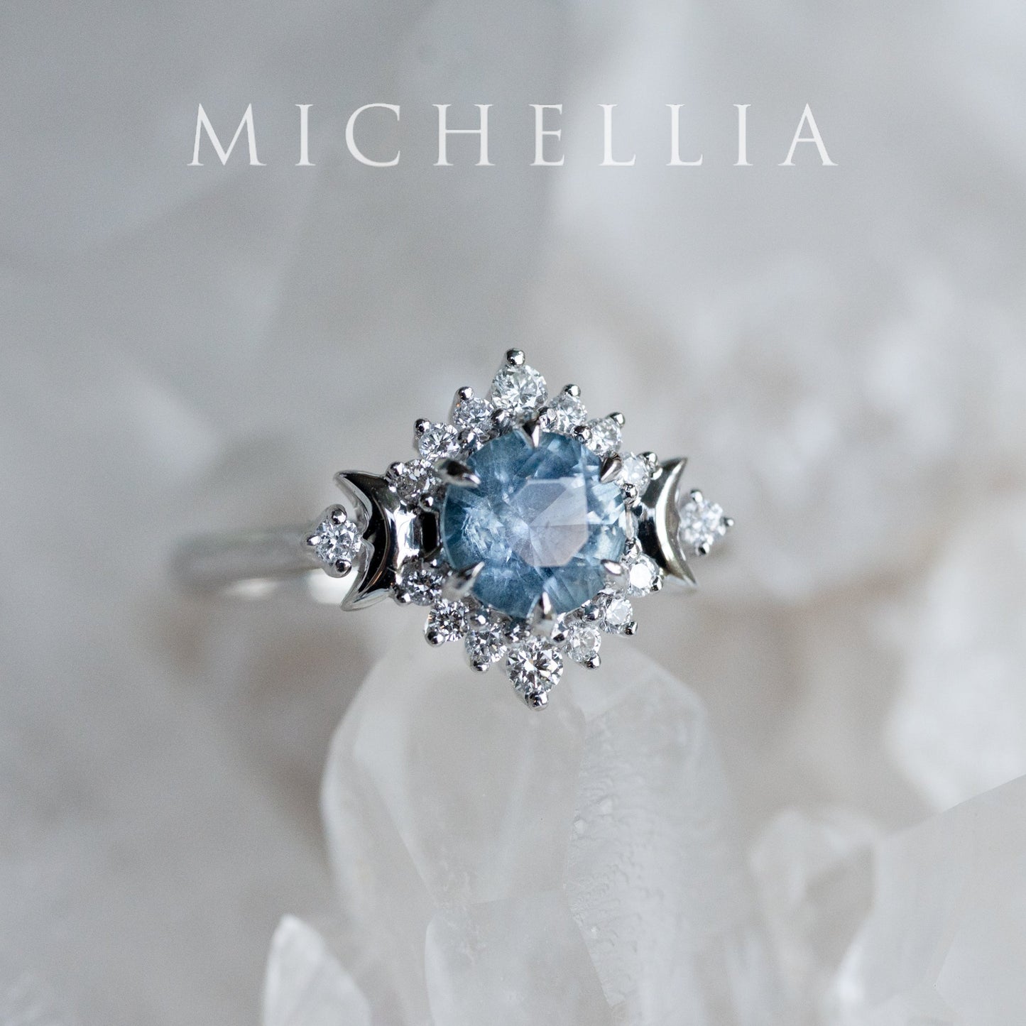 [Selene] Natural Icy Blue Sapphire Moon Goddess Engagement Ring in Platinum, One of A Kind & Ready-to-Ship