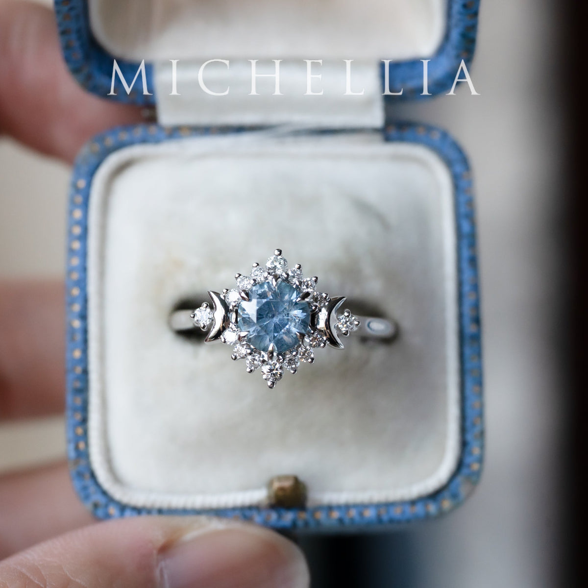 [Selene] Natural Icy Blue Sapphire Moon Goddess Engagement Ring in Platinum, One of A Kind & Ready-to-Ship
