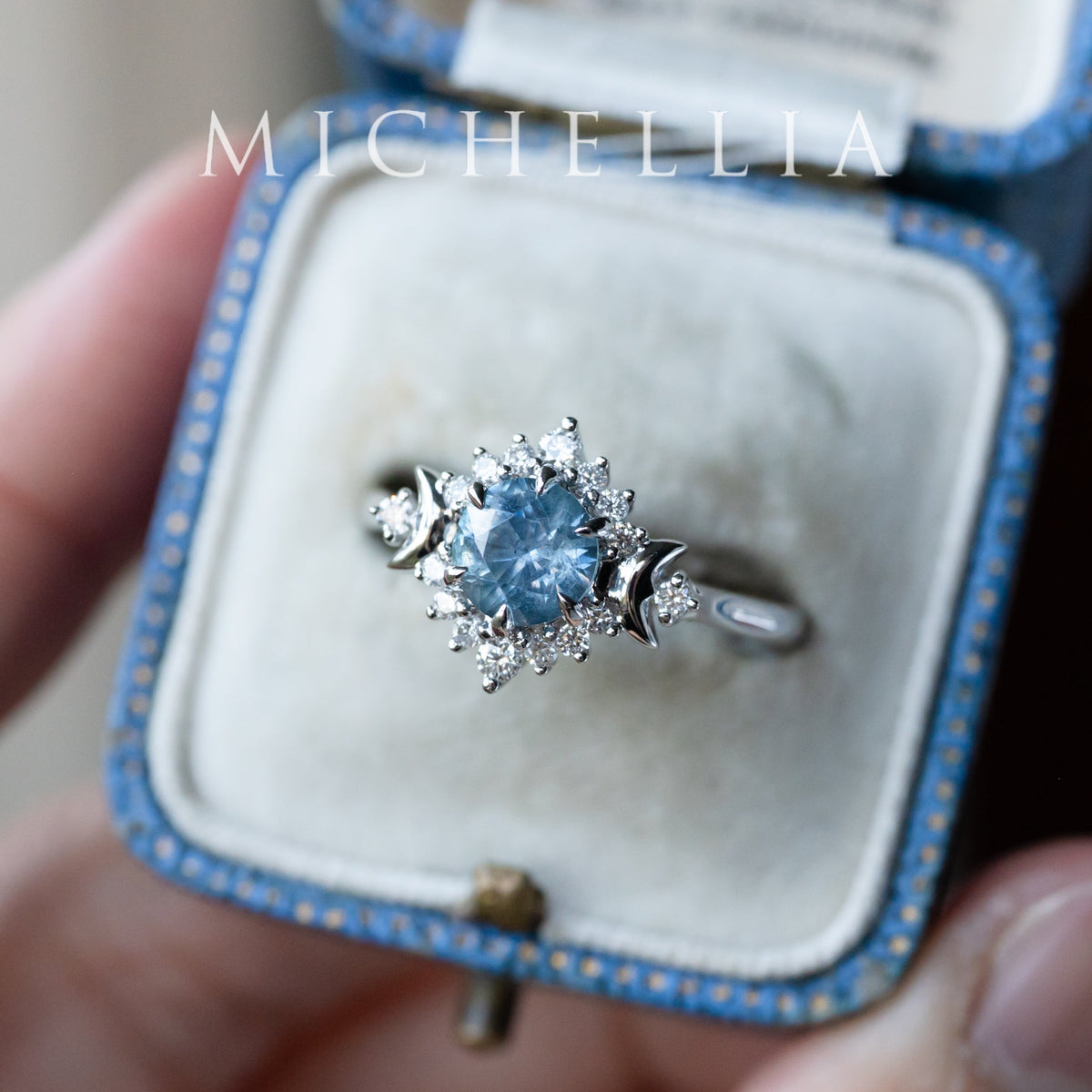 [Selene] Natural Icy Blue Sapphire Moon Goddess Engagement Ring in Platinum, One of A Kind & Ready-to-Ship