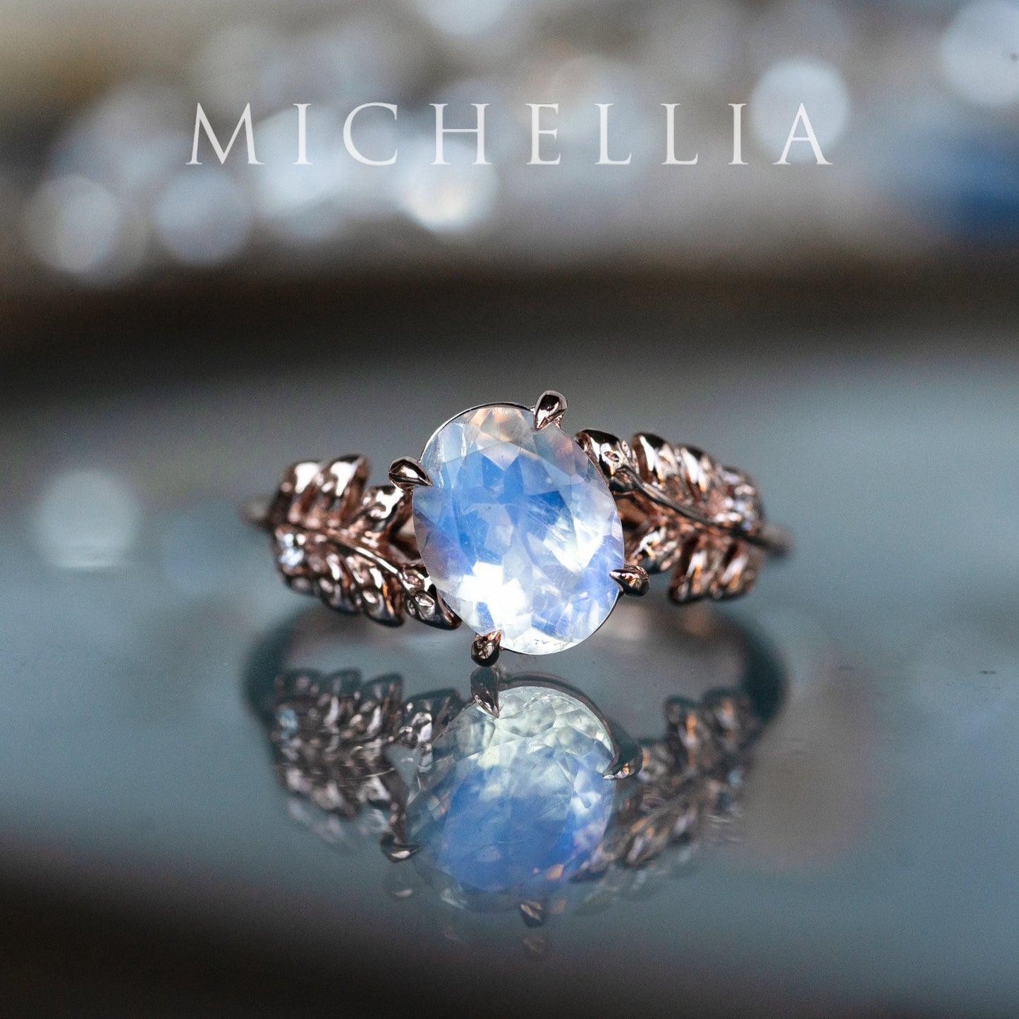 [Wisteria] Blue Moon Wisteria - Floral Oval Moonstone Engagement Ring, 14K Rose Gold, One of A Kind & Ready-to-Ship