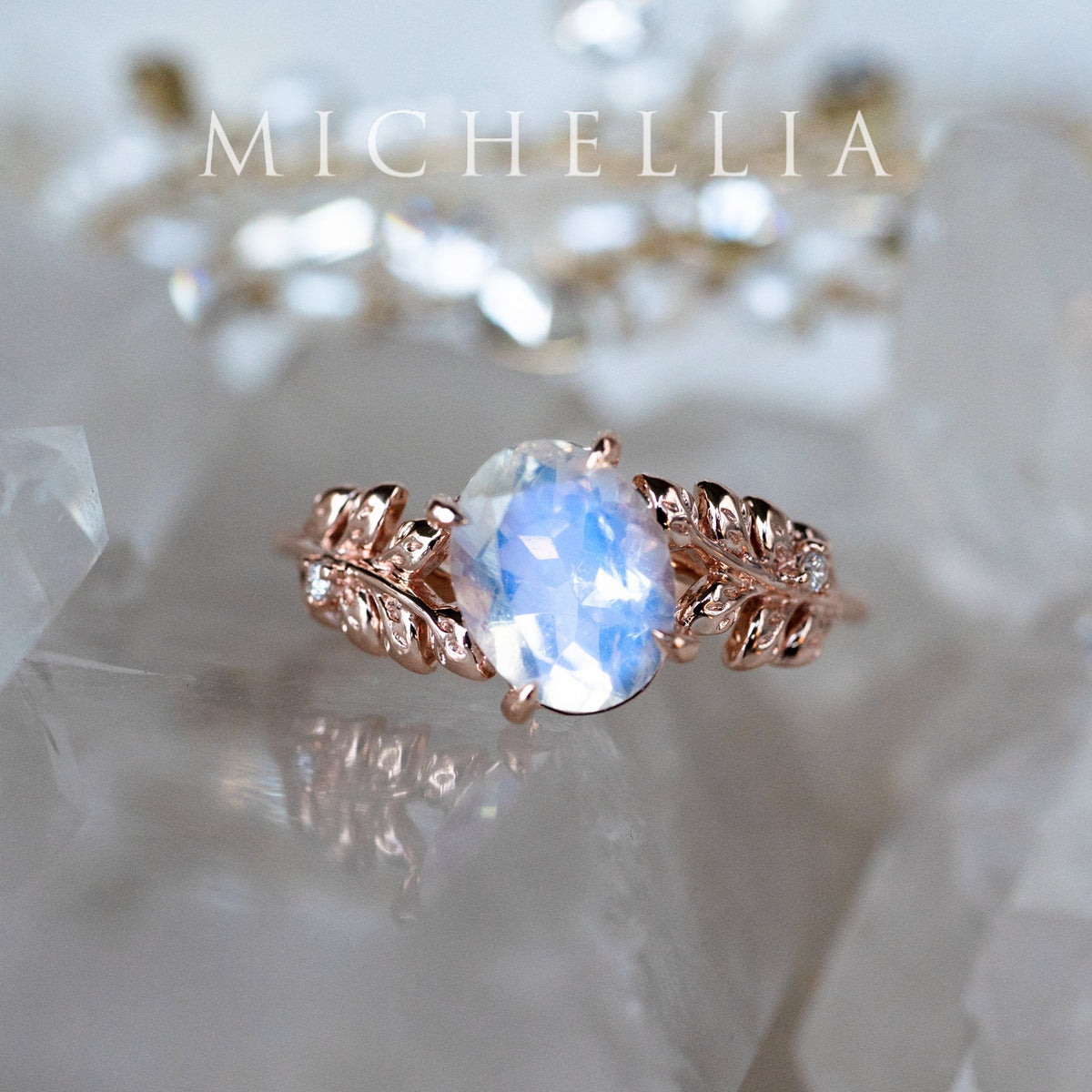 [Wisteria] Blue Moon Wisteria - Floral Oval Moonstone Engagement Ring, 14K Rose Gold, One of A Kind & Ready-to-Ship