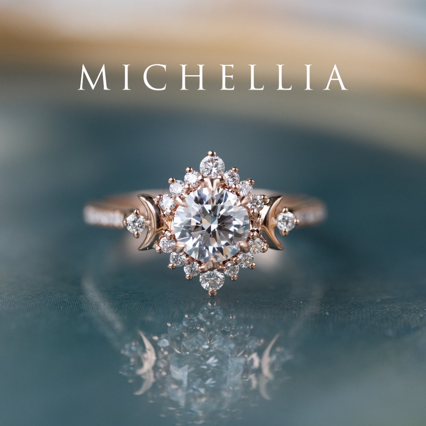 [Selene] IGI Certified Diamond Moon Goddess 18K Rose Gold Engagement Ring w/ Pave Shank, One of A Kind & Ready-to-Ship