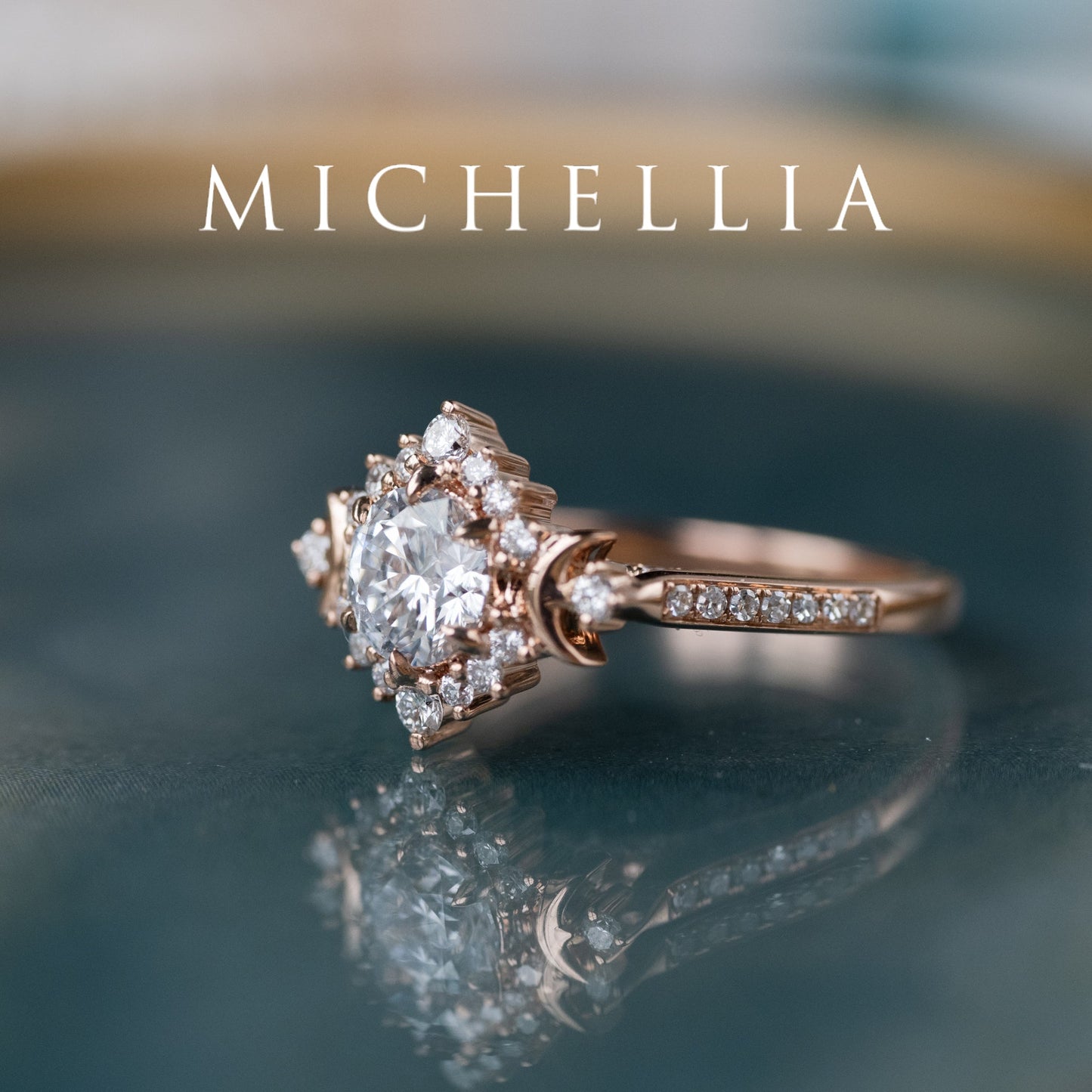 [Selene] IGI Certified Diamond Moon Goddess 18K Rose Gold Engagement Ring w/ Pave Shank, One of A Kind & Ready-to-Ship