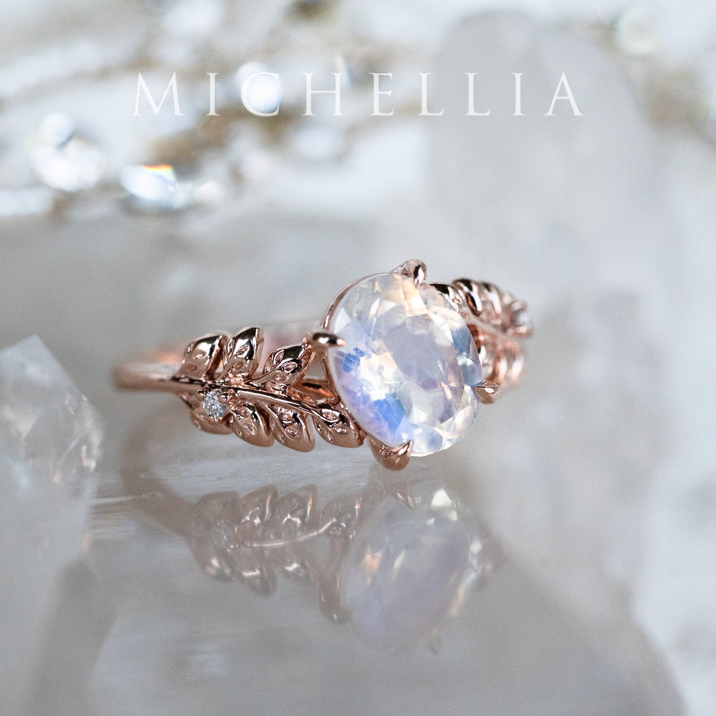 [Wisteria] Blue Moon Wisteria - Floral Oval Moonstone Engagement Ring, 14K Rose Gold, One of A Kind & Ready-to-Ship