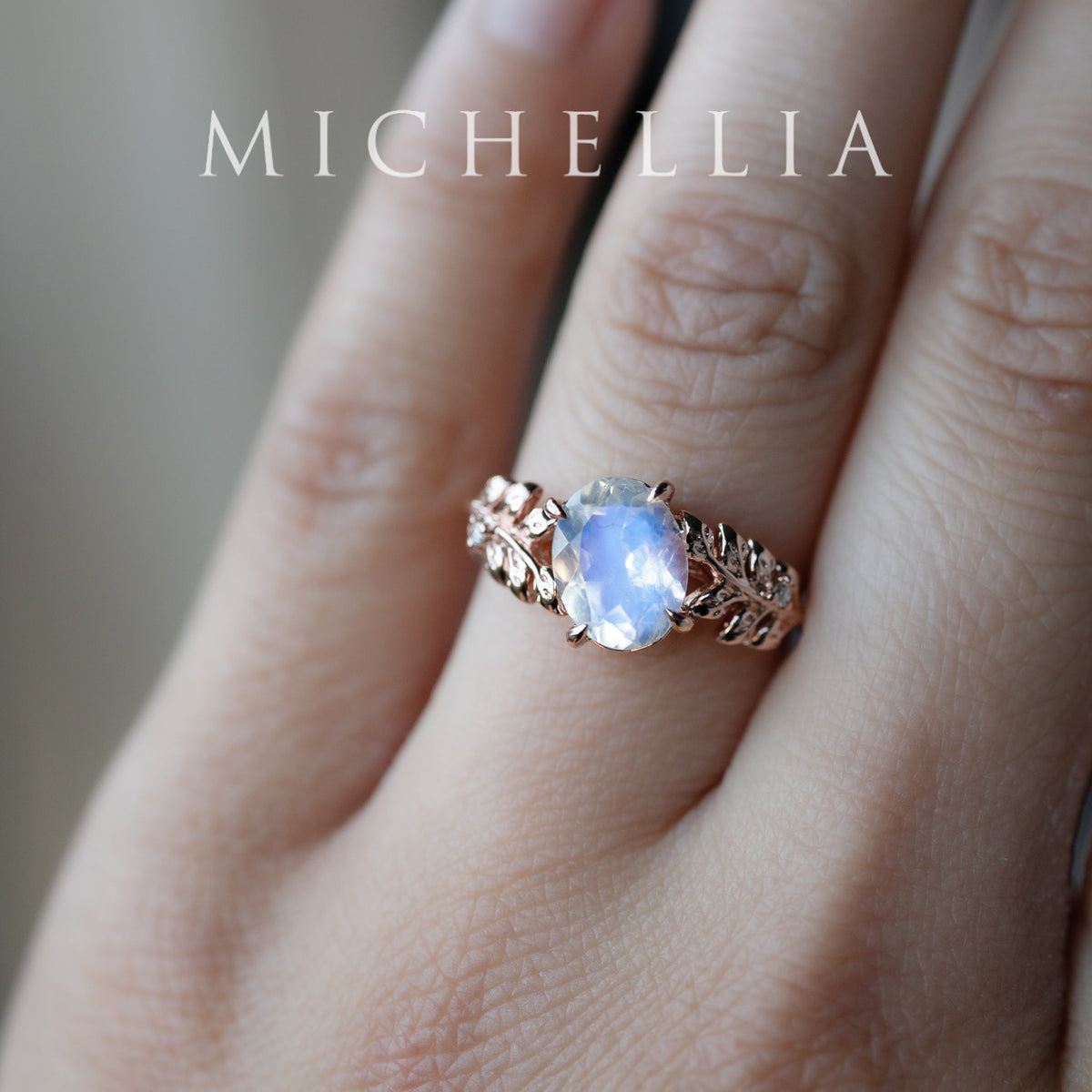 [Wisteria] Blue Moon Wisteria - Floral Oval Moonstone Engagement Ring, 14K Rose Gold, One of A Kind & Ready-to-Ship