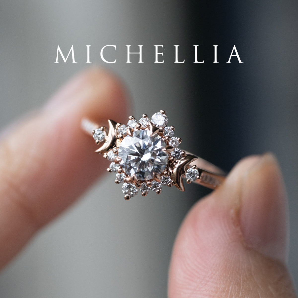 [Selene] IGI Certified Diamond Moon Goddess 18K Rose Gold Engagement Ring w/ Pave Shank, One of A Kind & Ready-to-Ship