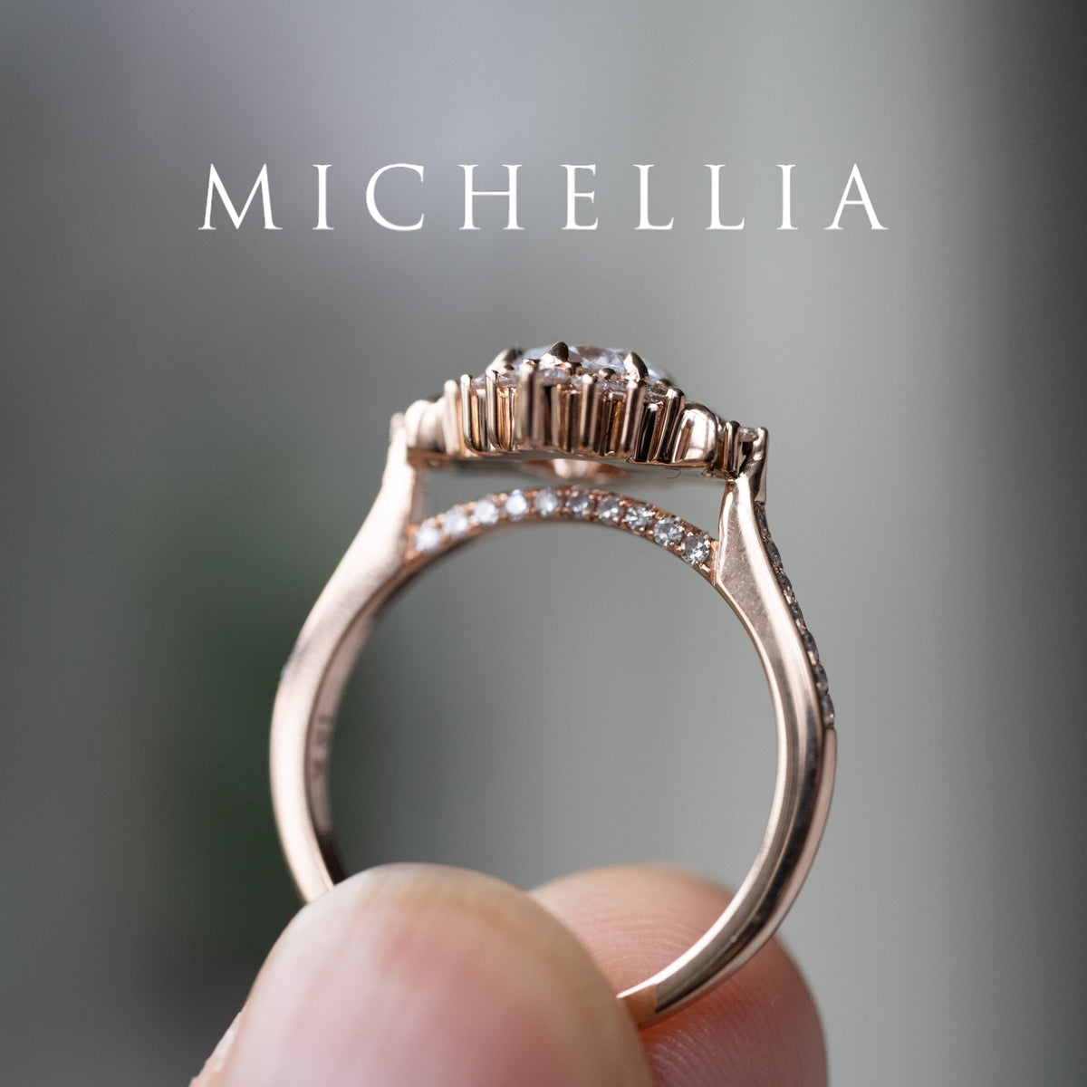 [Selene] IGI Certified Diamond Moon Goddess 18K Rose Gold Engagement Ring w/ Pave Shank, One of A Kind & Ready-to-Ship