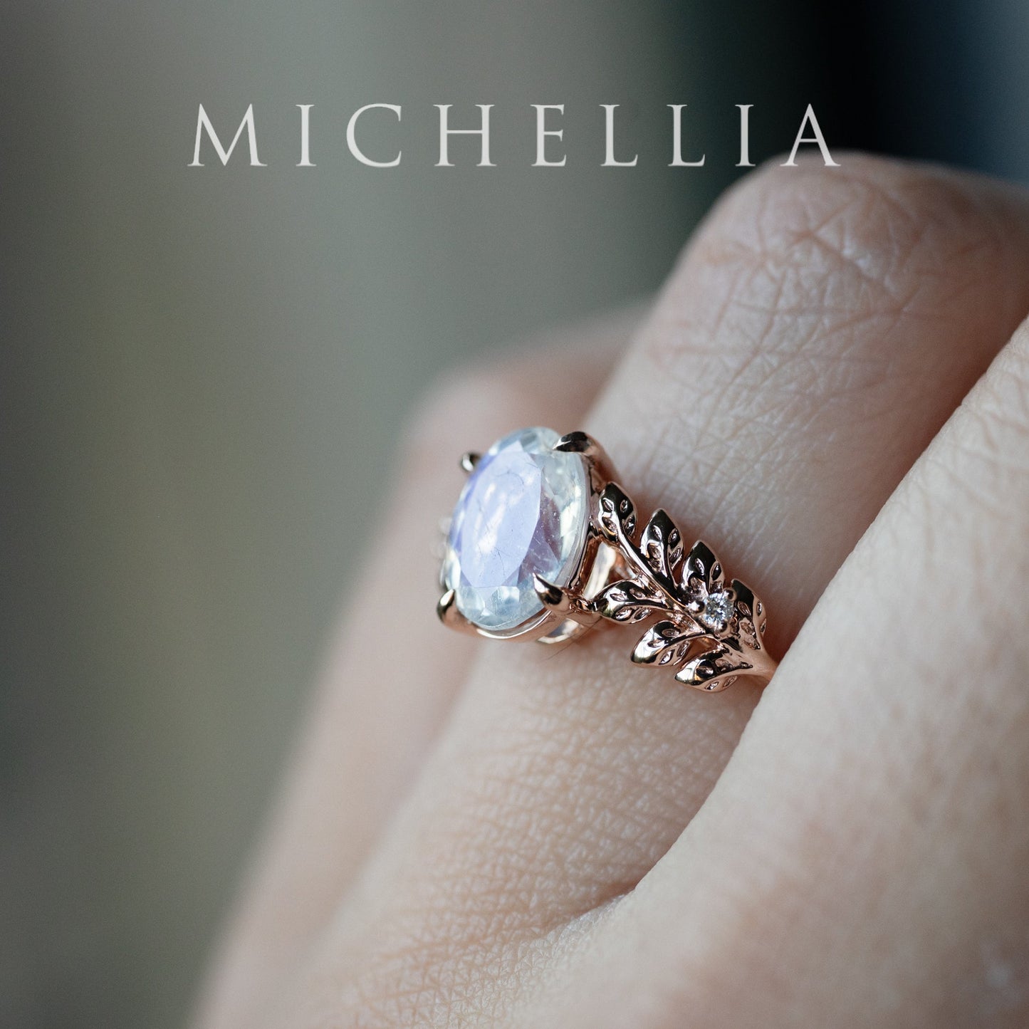 [Wisteria] Blue Moon Wisteria - Floral Oval Moonstone Engagement Ring, 14K Rose Gold, One of A Kind & Ready-to-Ship