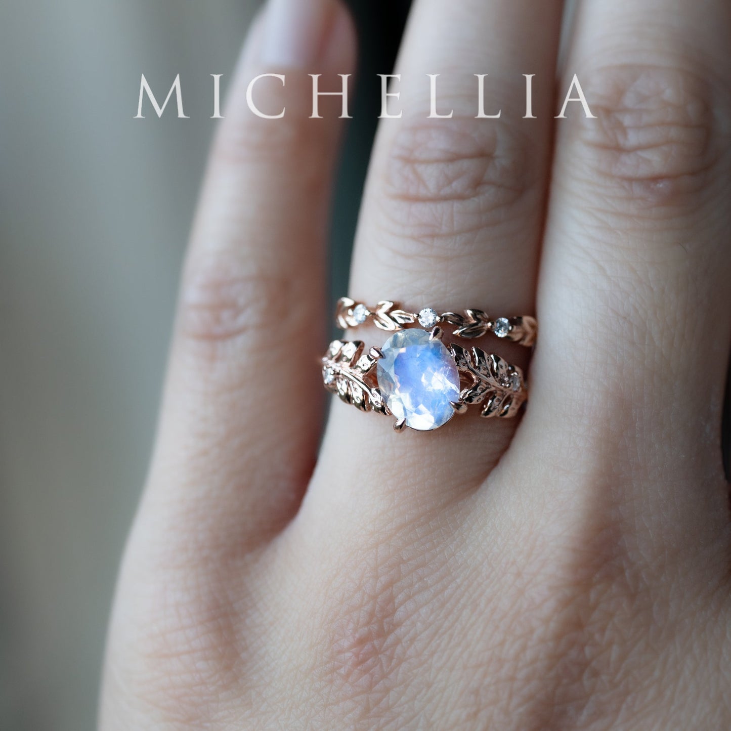 [Wisteria] Blue Moon Wisteria - Floral Oval Moonstone Engagement Ring, 14K Rose Gold, One of A Kind & Ready-to-Ship