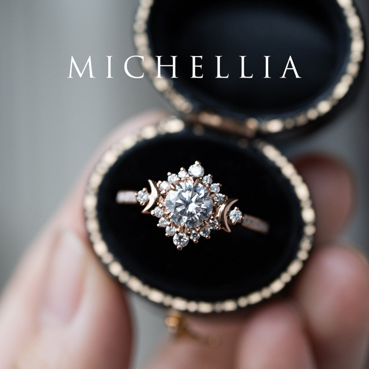 [Selene] IGI Certified Diamond Moon Goddess 18K Rose Gold Engagement Ring w/ Pave Shank, One of A Kind & Ready-to-Ship