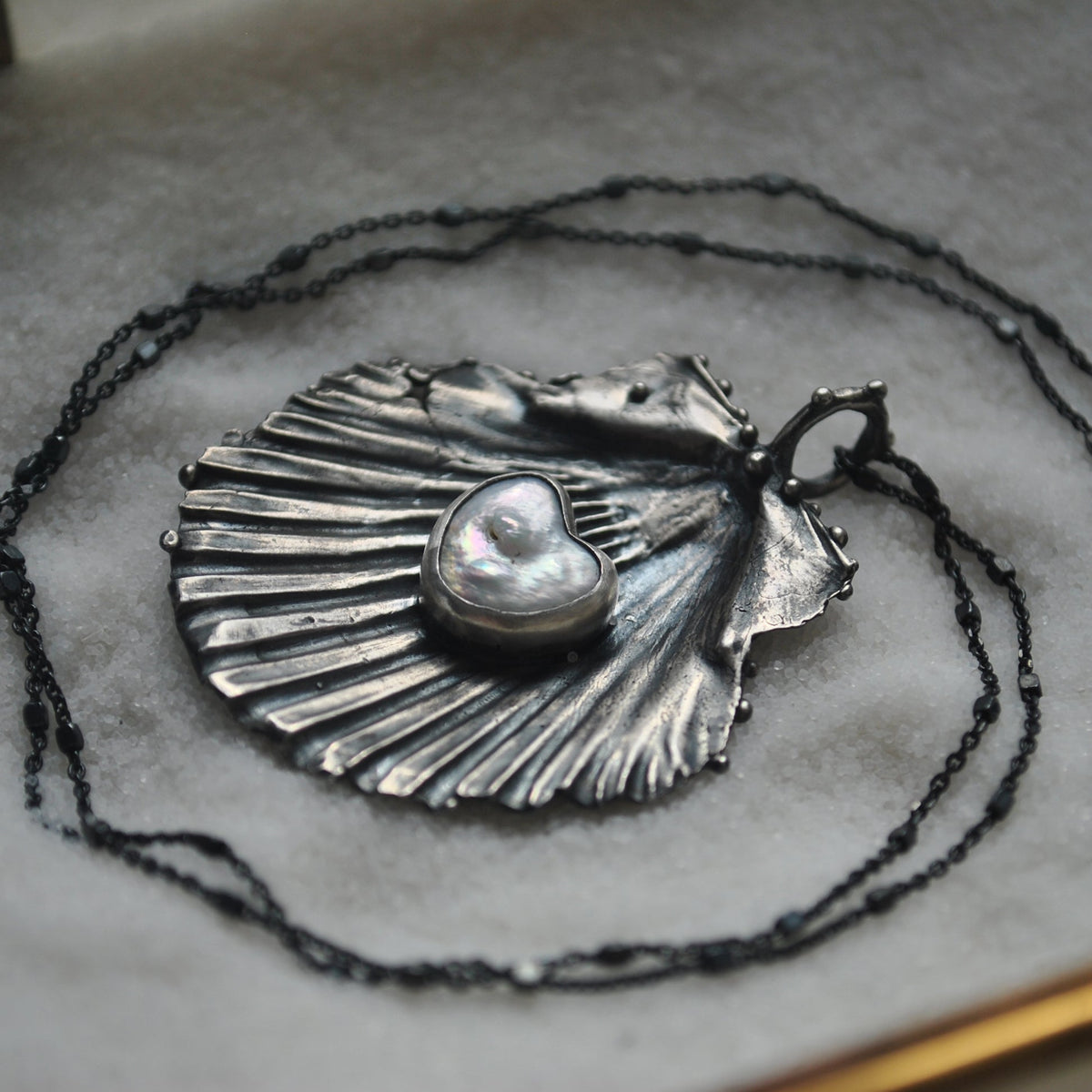 OOAK - Love Letter from the Sea, Scallop Shell with heart pearl, chain included