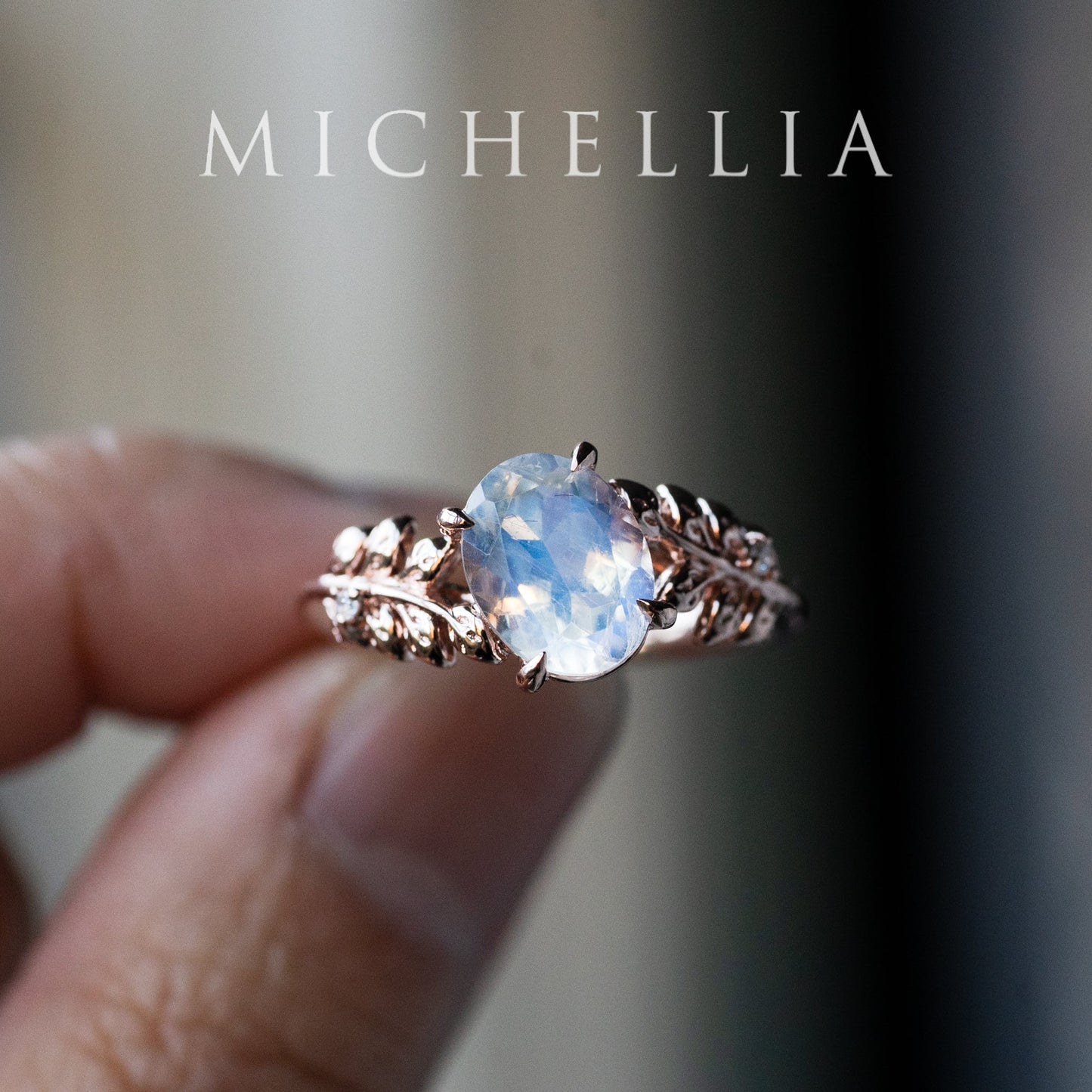 [Wisteria] Blue Moon Wisteria - Floral Oval Moonstone Engagement Ring, 14K Rose Gold, One of A Kind & Ready-to-Ship