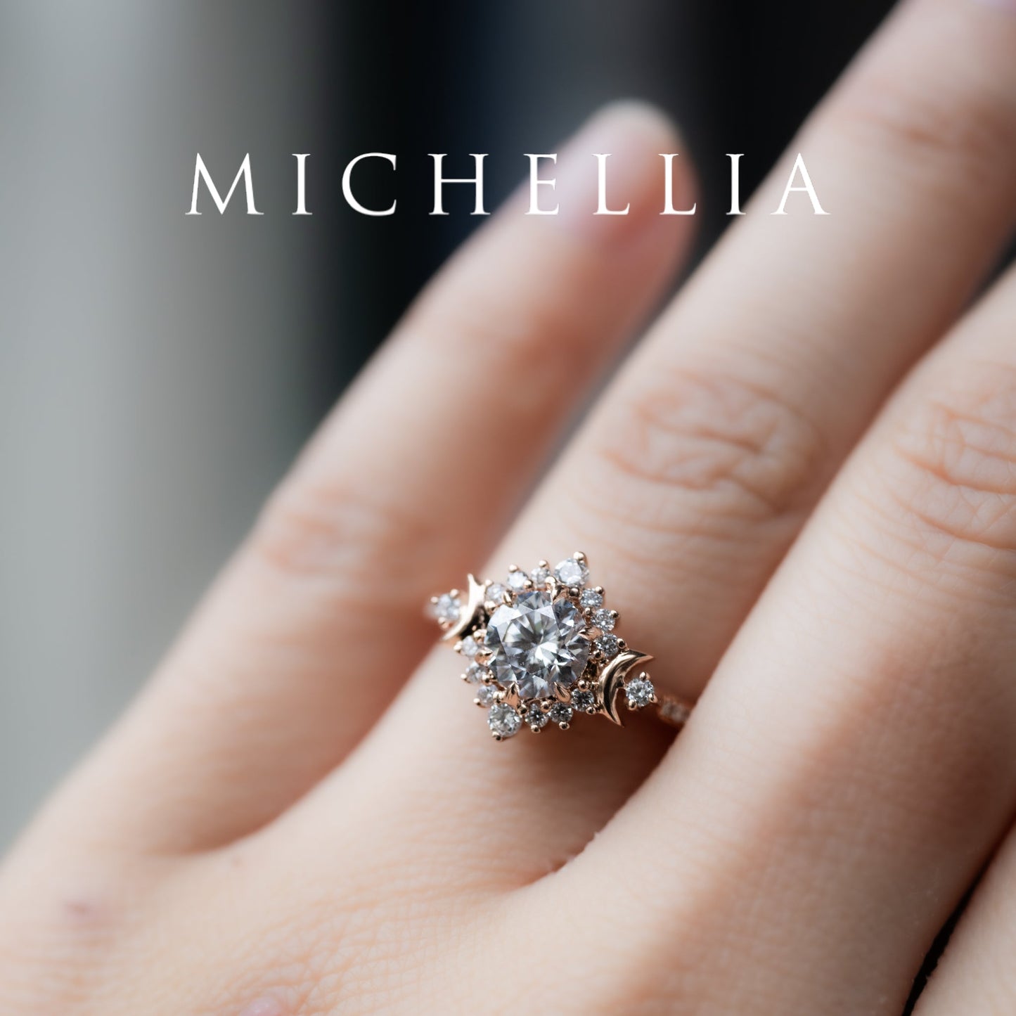 [Selene] IGI Certified Diamond Moon Goddess 18K Rose Gold Engagement Ring w/ Pave Shank, One of A Kind & Ready-to-Ship