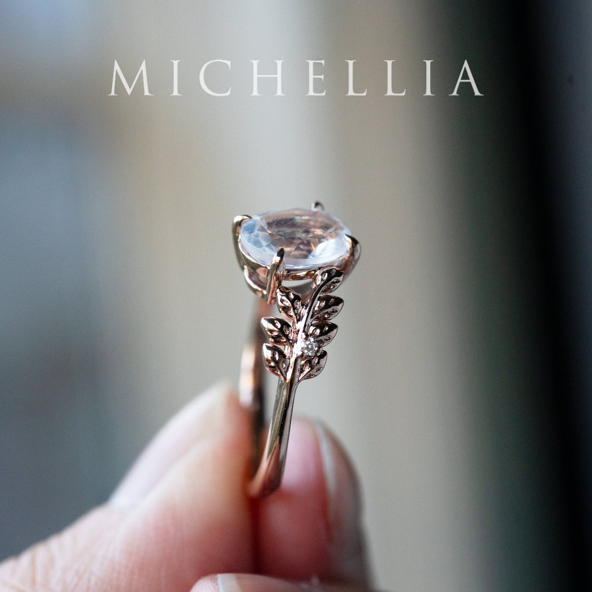 [Wisteria] Blue Moon Wisteria - Floral Oval Moonstone Engagement Ring, 14K Rose Gold, One of A Kind & Ready-to-Ship