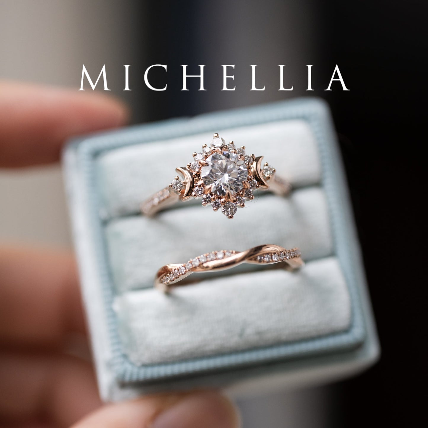 [Selene] IGI Certified Diamond Moon Goddess 18K Rose Gold Engagement Ring w/ Pave Shank, One of A Kind & Ready-to-Ship