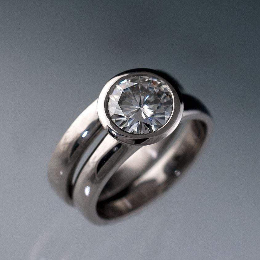 Olivia Ring - Round Moissanite Full Bezel Cathedral Band Solitaire Engagement Ring
