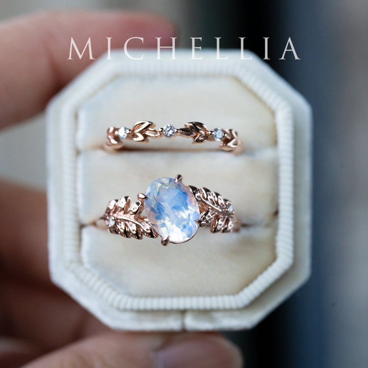 [Wisteria] Blue Moon Wisteria - Floral Oval Moonstone Engagement Ring, 14K Rose Gold, One of A Kind & Ready-to-Ship
