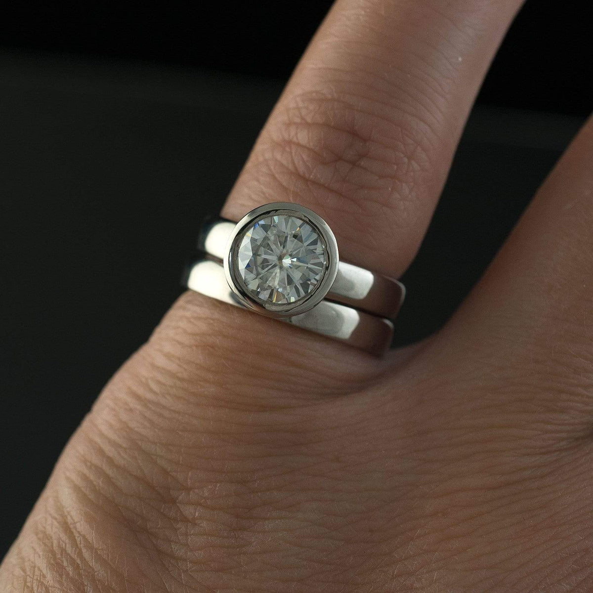 Olivia Ring - Round Moissanite Full Bezel Cathedral Band Solitaire Engagement Ring