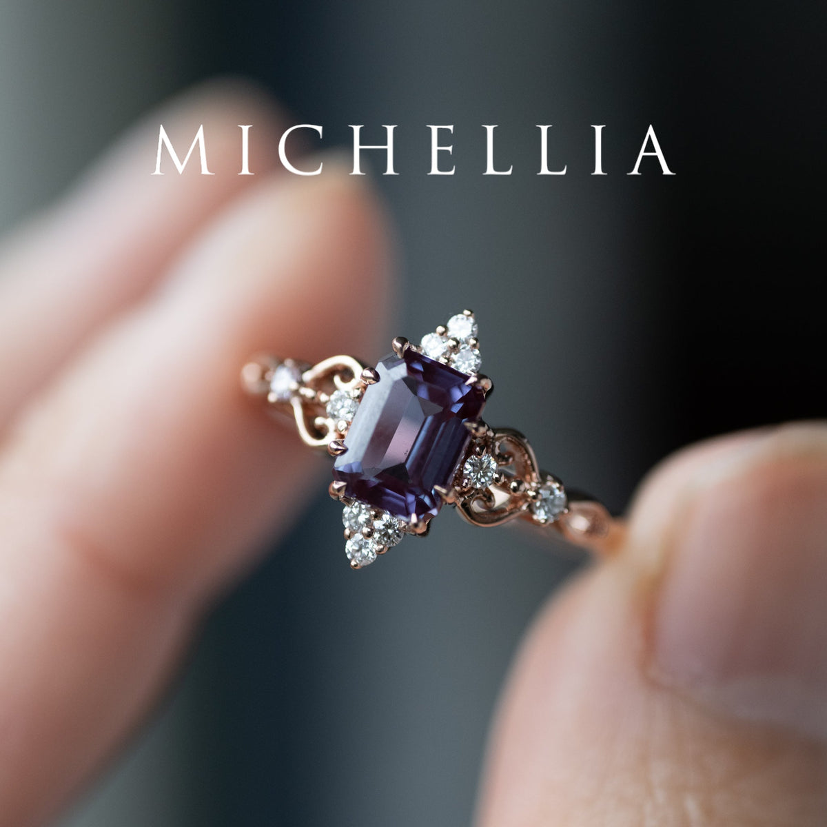 [Amorette] Eternal Love Emerald Cut Alexandrite Engagement Ring, 14K Rose Gold - One of A Kind & Ready-to-Ship