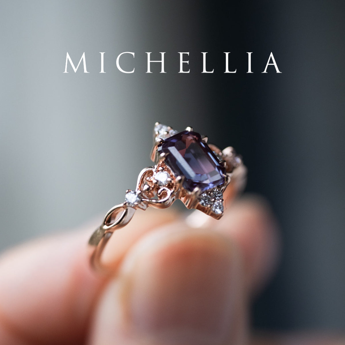 [Amorette] Eternal Love Emerald Cut Alexandrite Engagement Ring, 14K Rose Gold - One of A Kind & Ready-to-Ship