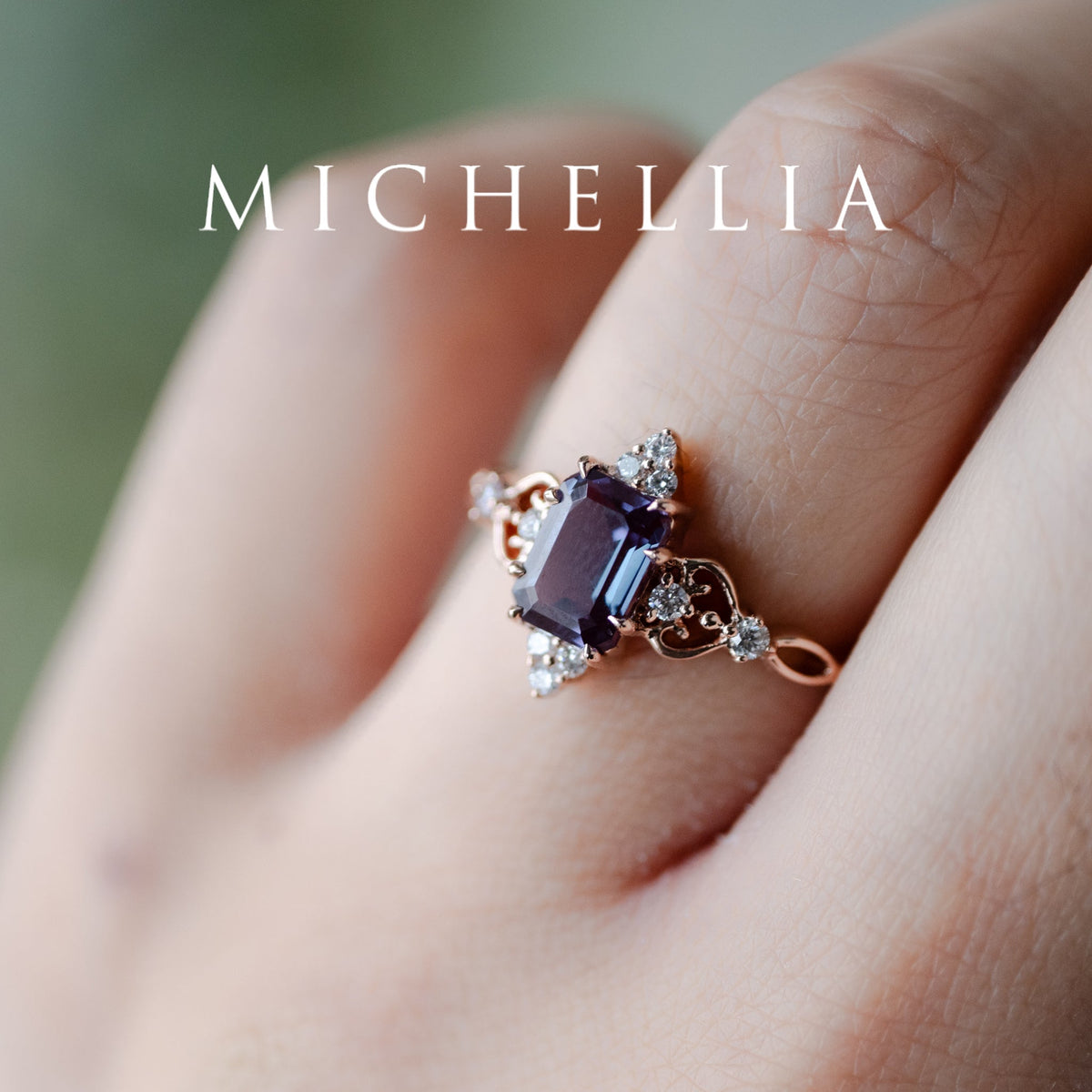 [Amorette] Eternal Love Emerald Cut Alexandrite Engagement Ring, 14K Rose Gold - One of A Kind & Ready-to-Ship