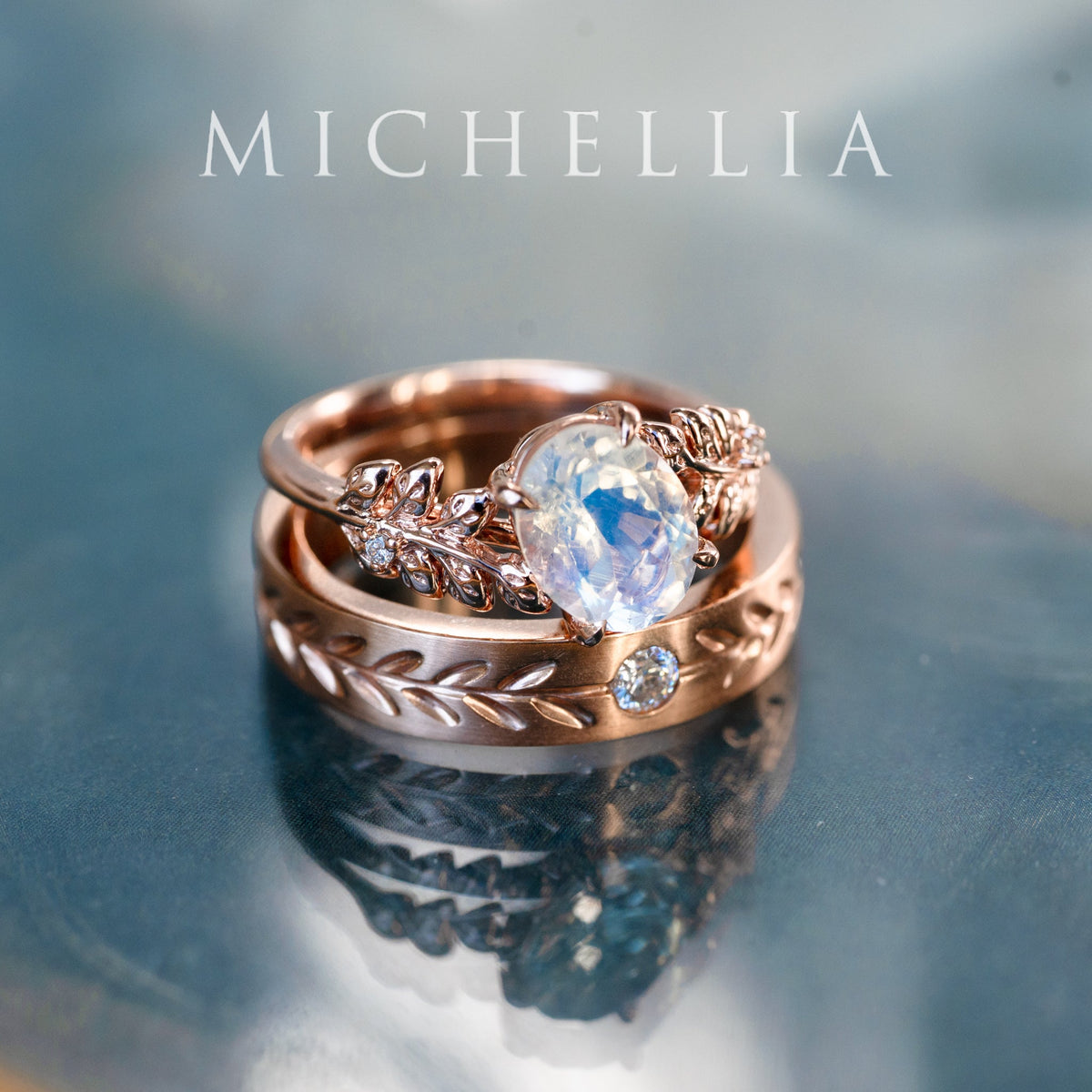 [Wisteria] Blue Moon Wisteria - Floral Oval Moonstone Engagement Ring, 14K Rose Gold, One of A Kind & Ready-to-Ship