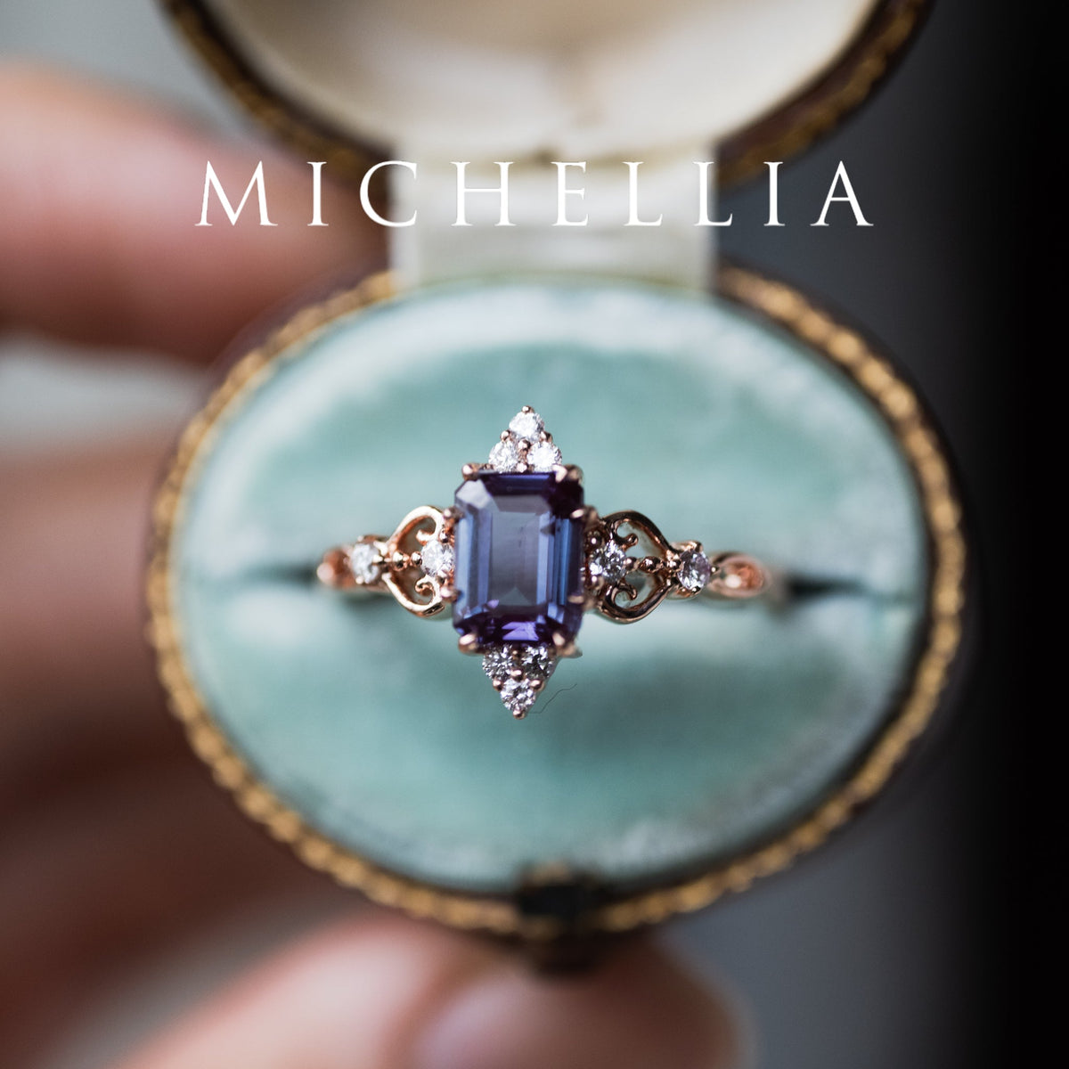 [Amorette] Eternal Love Emerald Cut Alexandrite Engagement Ring, 14K Rose Gold - One of A Kind & Ready-to-Ship