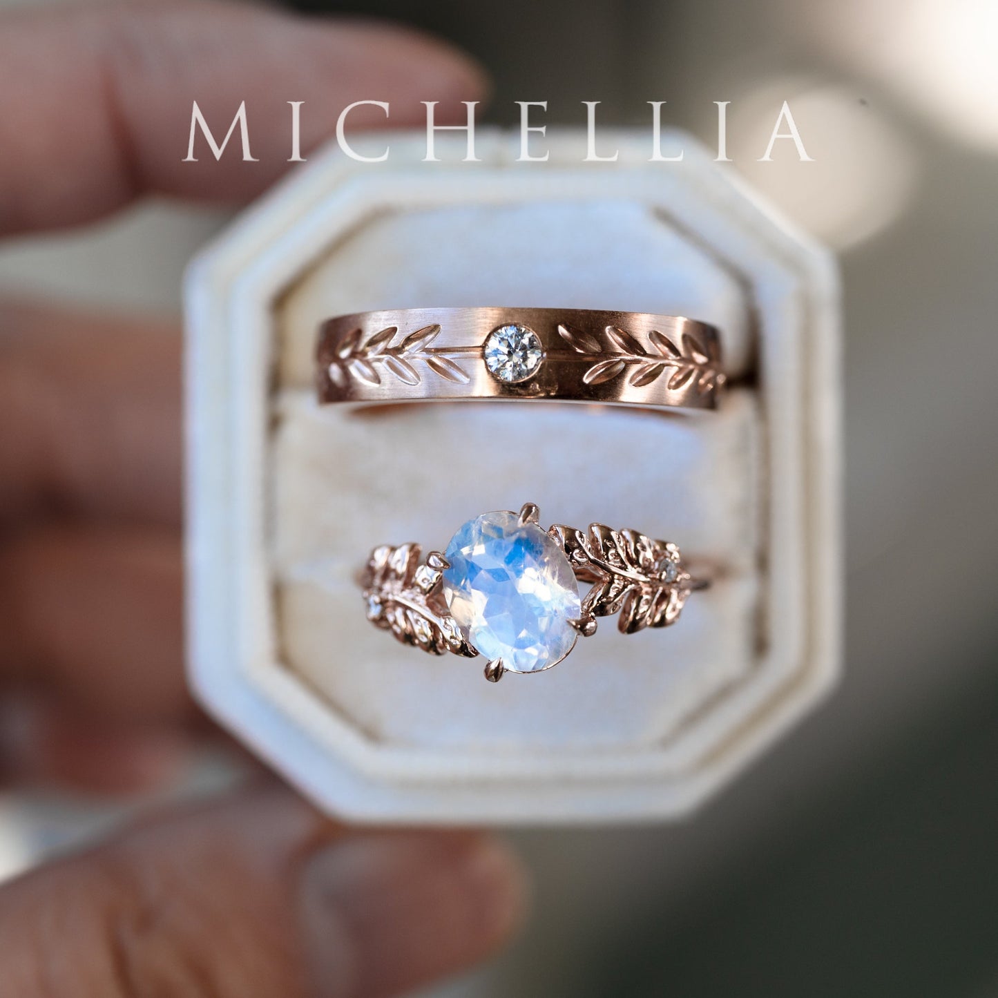[Wisteria] Blue Moon Wisteria - Floral Oval Moonstone Engagement Ring, 14K Rose Gold, One of A Kind & Ready-to-Ship