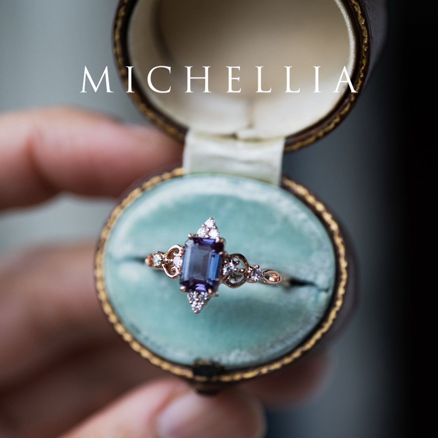 [Amorette] Eternal Love Emerald Cut Alexandrite Engagement Ring, 14K Rose Gold - One of A Kind & Ready-to-Ship