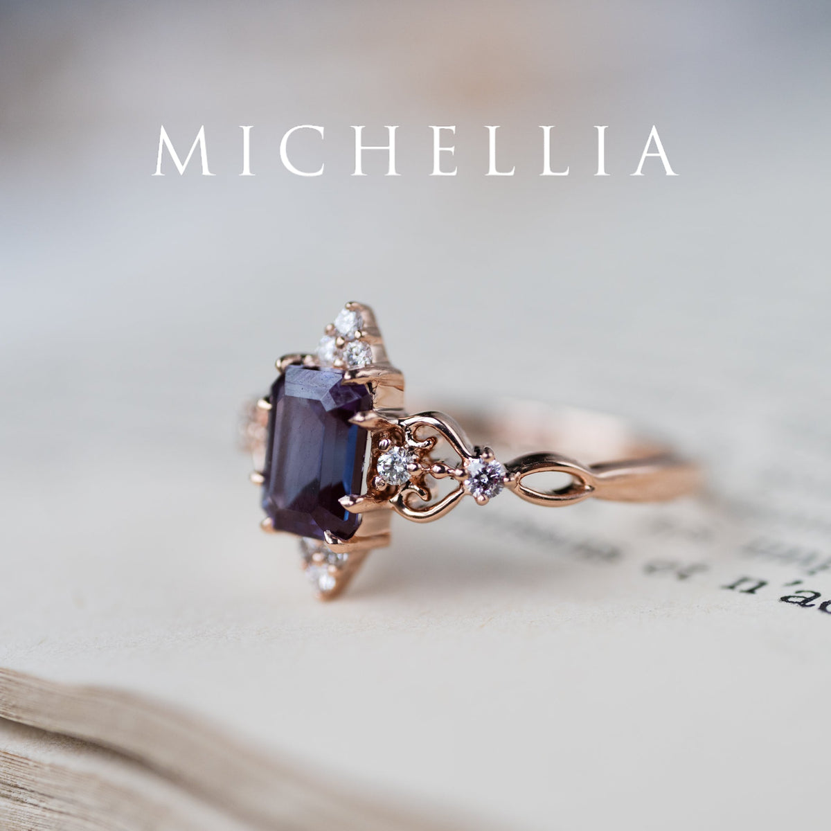 [Amorette] Eternal Love Emerald Cut Alexandrite Engagement Ring, 14K Rose Gold - One of A Kind & Ready-to-Ship