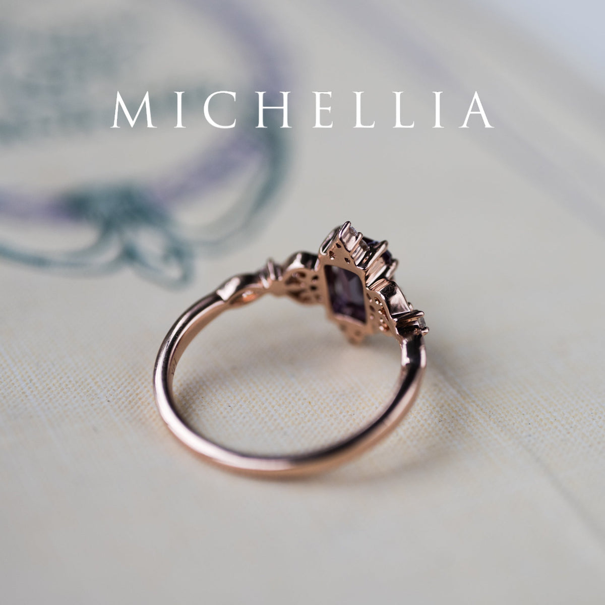 [Amorette] Eternal Love Emerald Cut Alexandrite Engagement Ring, 14K Rose Gold - One of A Kind & Ready-to-Ship