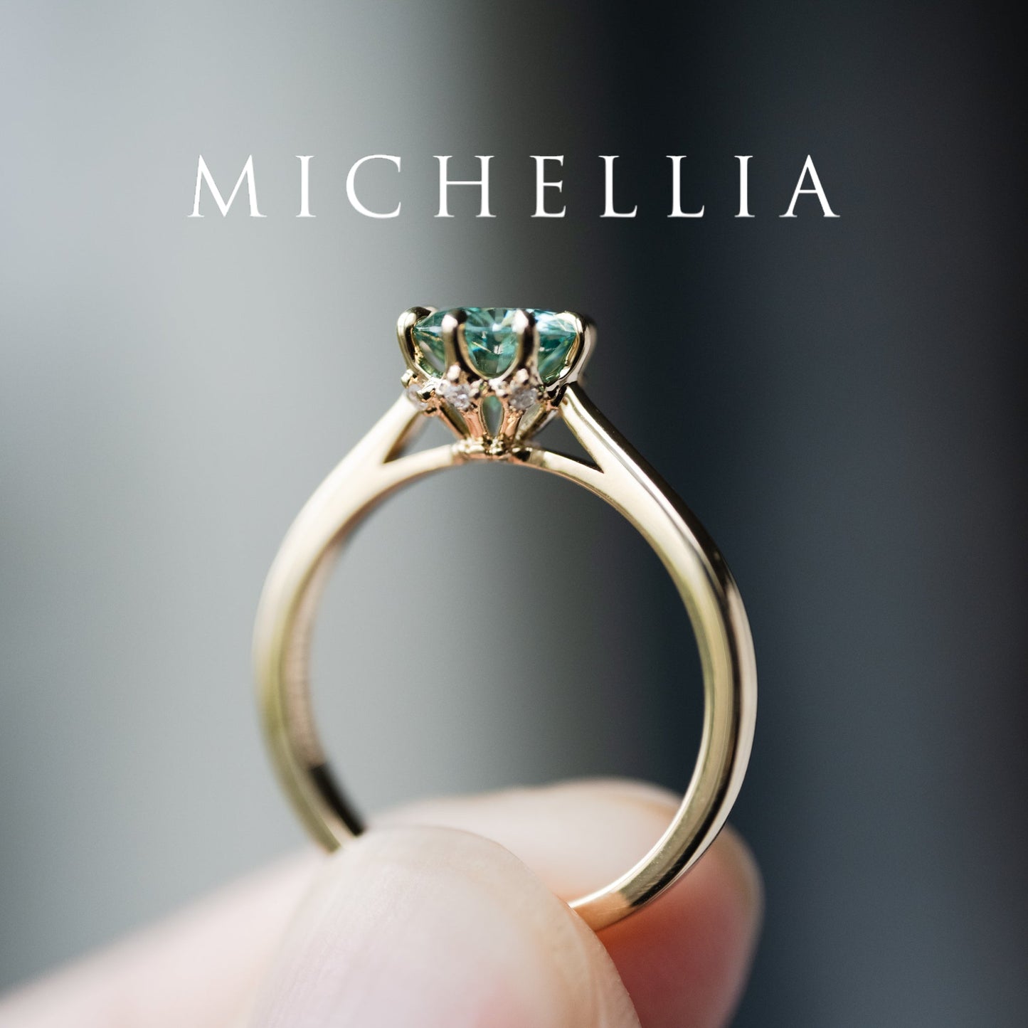 [Victoria] Mint Green Moissanite Secret Royal Garden Engagement Ring 3-piece set, 18K Yellow Gold, Ready-to-Ship