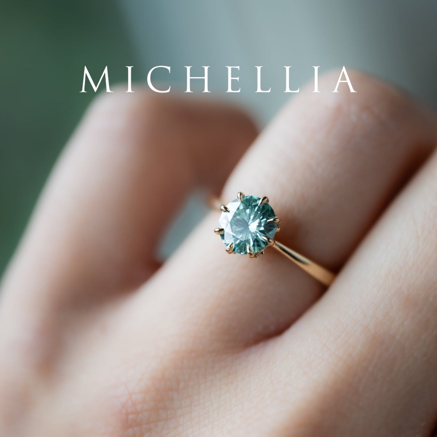 [Victoria] Mint Green Moissanite Secret Royal Garden Engagement Ring 3-piece set, 18K Yellow Gold, Ready-to-Ship