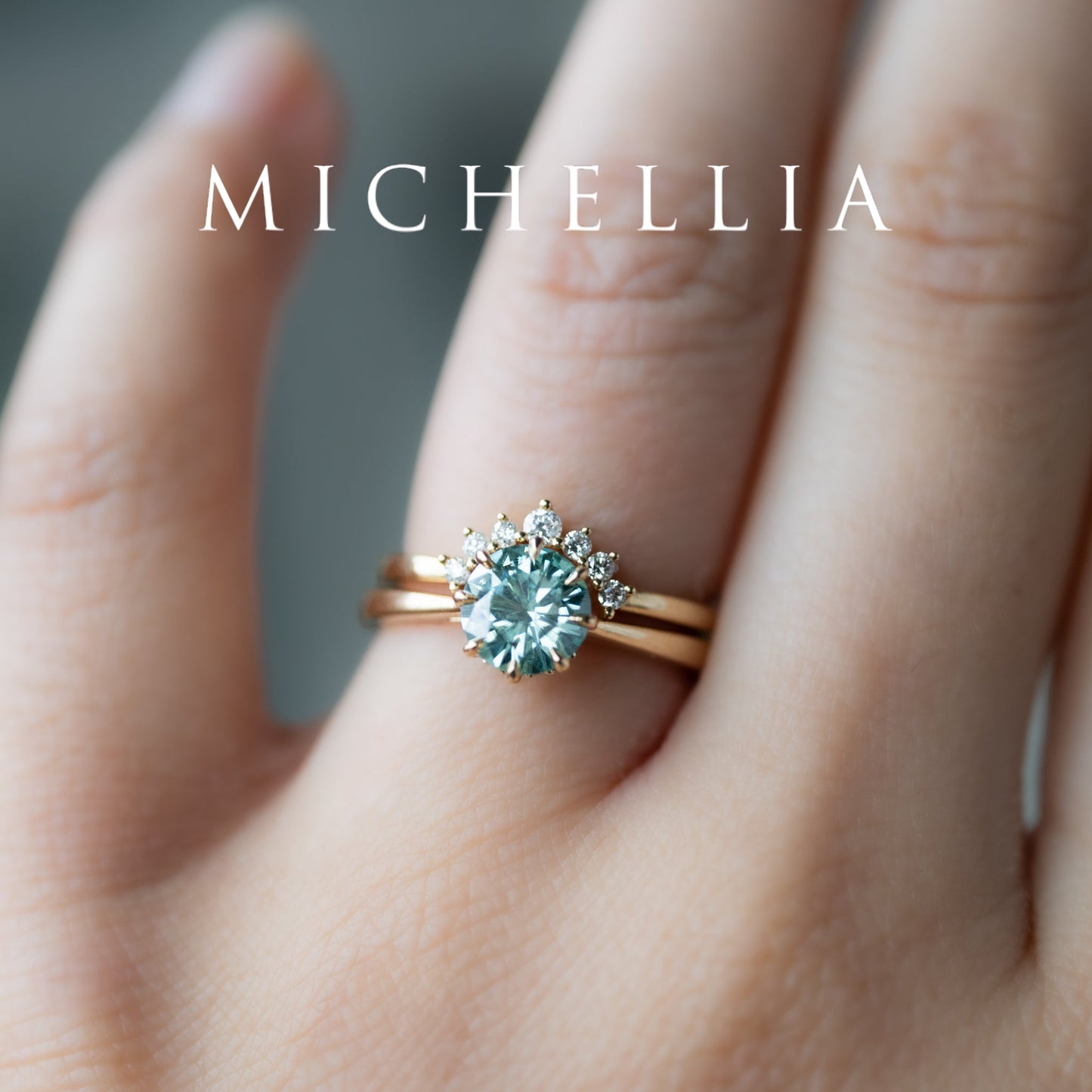 [Victoria] Mint Green Moissanite Secret Royal Garden Engagement Ring 3-piece set, 18K Yellow Gold, Ready-to-Ship