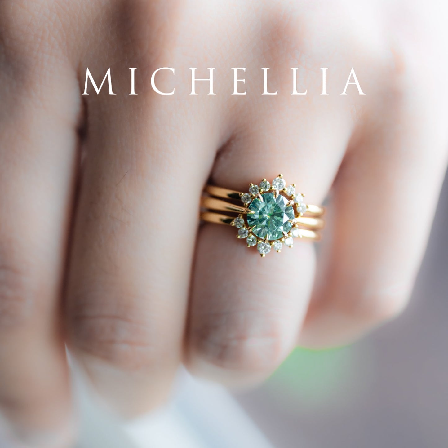 [Victoria] Mint Green Moissanite Secret Royal Garden Engagement Ring 3-piece set, 18K Yellow Gold, Ready-to-Ship