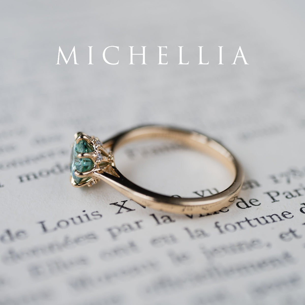 [Victoria] Mint Green Moissanite Secret Royal Garden Engagement Ring 3-piece set, 18K Yellow Gold, Ready-to-Ship