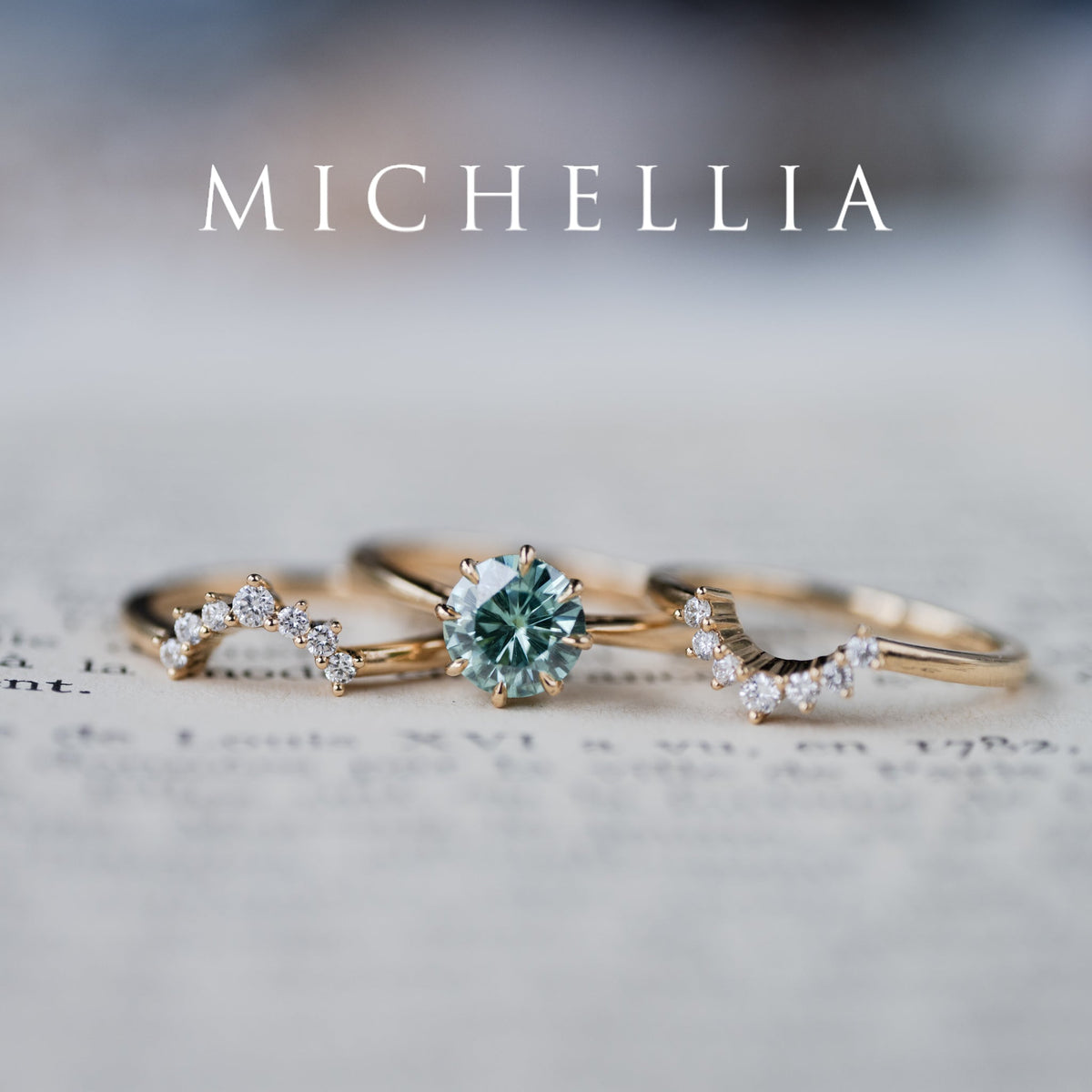 [Victoria] Mint Green Moissanite Secret Royal Garden Engagement Ring 3-piece set, 18K Yellow Gold, Ready-to-Ship