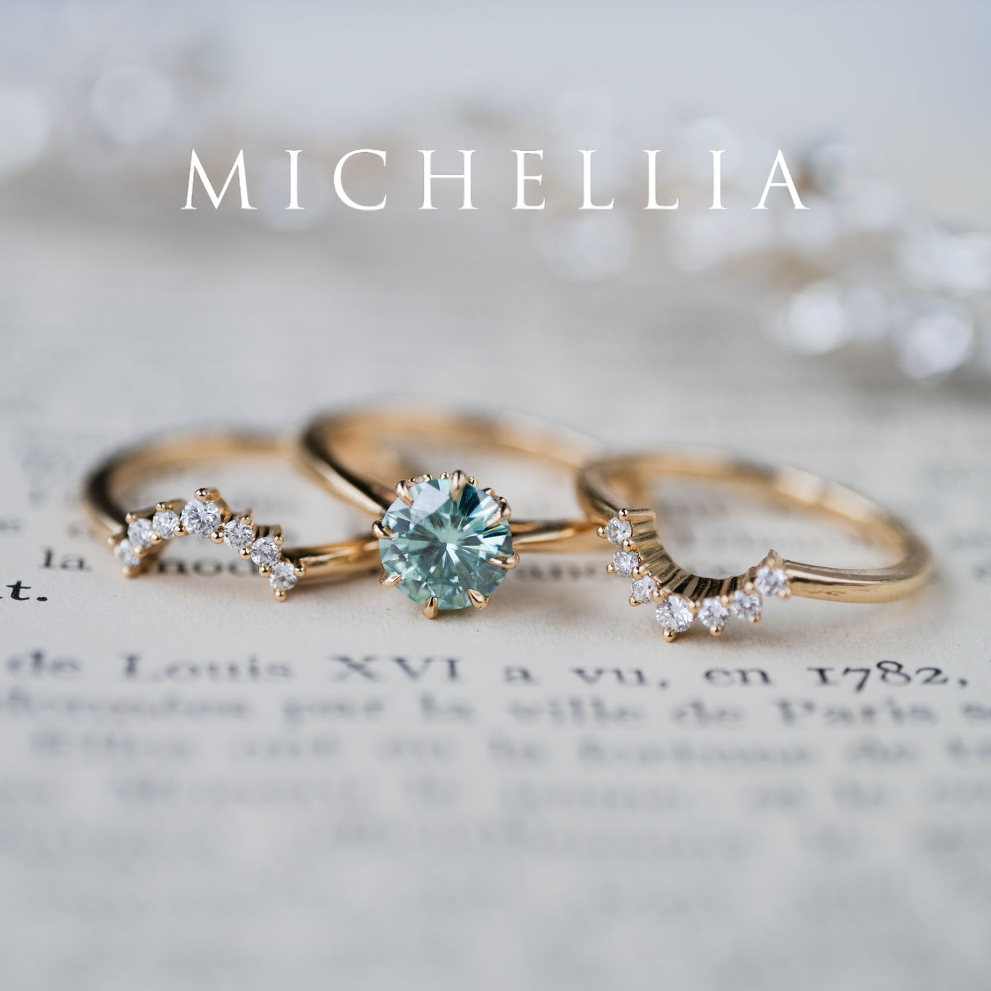 [Victoria] Mint Green Moissanite Secret Royal Garden Engagement Ring 3-piece set, 18K Yellow Gold, Ready-to-Ship