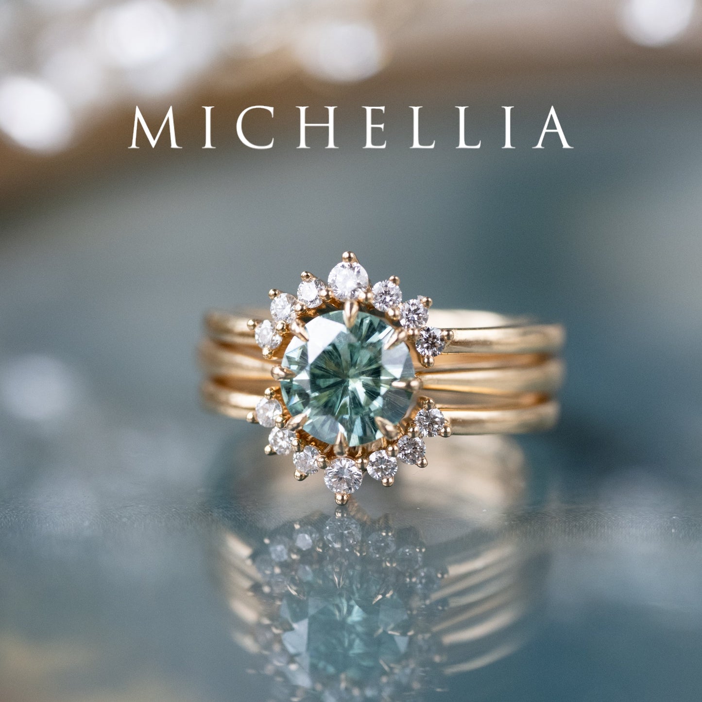 [Victoria] Mint Green Moissanite Secret Royal Garden Engagement Ring 3-piece set, 18K Yellow Gold, Ready-to-Ship