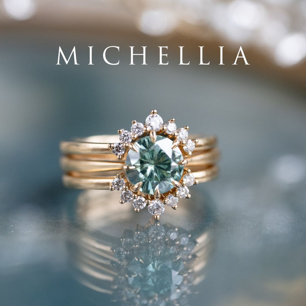 [Victoria] Mint Green Moissanite Secret Royal Garden Engagement Ring 3-piece set, 18K Yellow Gold, Ready-to-Ship
