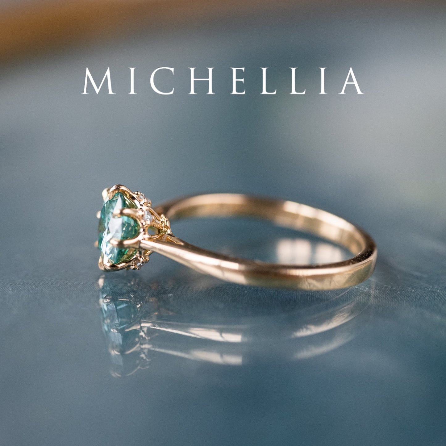 [Victoria] Mint Green Moissanite Secret Royal Garden Engagement Ring 3-piece set, 18K Yellow Gold, Ready-to-Ship