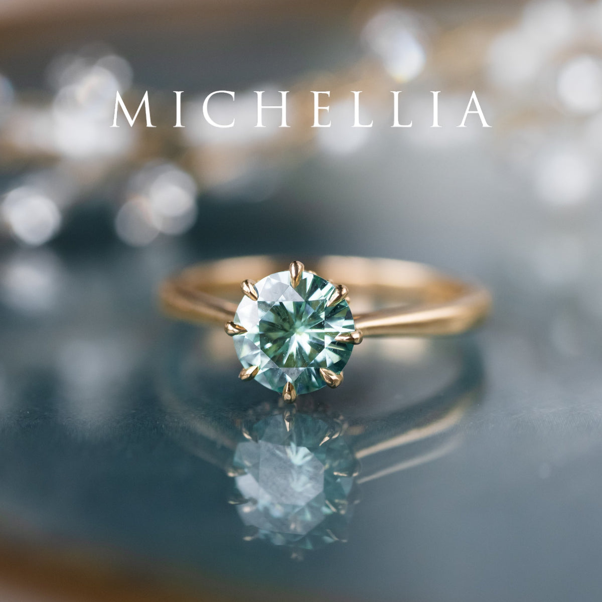 [Victoria] Mint Green Moissanite Secret Royal Garden Engagement Ring 3-piece set, 18K Yellow Gold, Ready-to-Ship