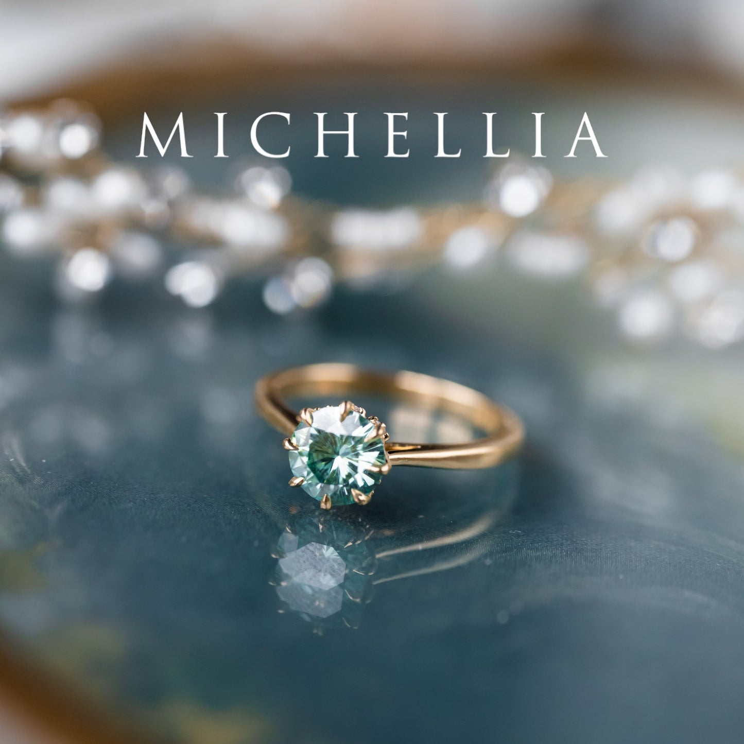 [Victoria] Mint Green Moissanite Secret Royal Garden Engagement Ring 3-piece set, 18K Yellow Gold, Ready-to-Ship